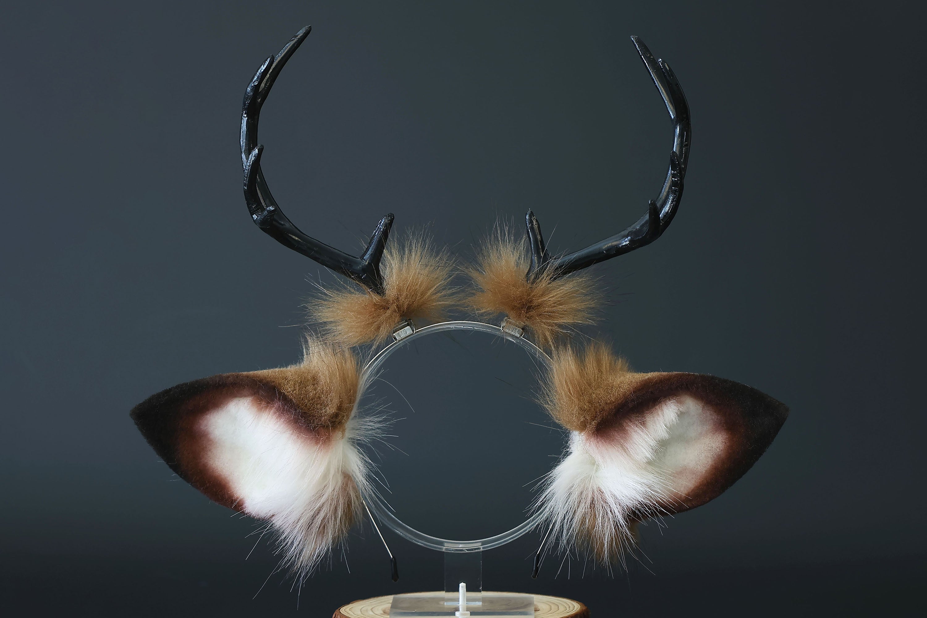Faux fur deer ear and tail kemonomimi brown white deer ear headband with antlers elk ear and tail butt plug anime cosplay fawn furry deer therian