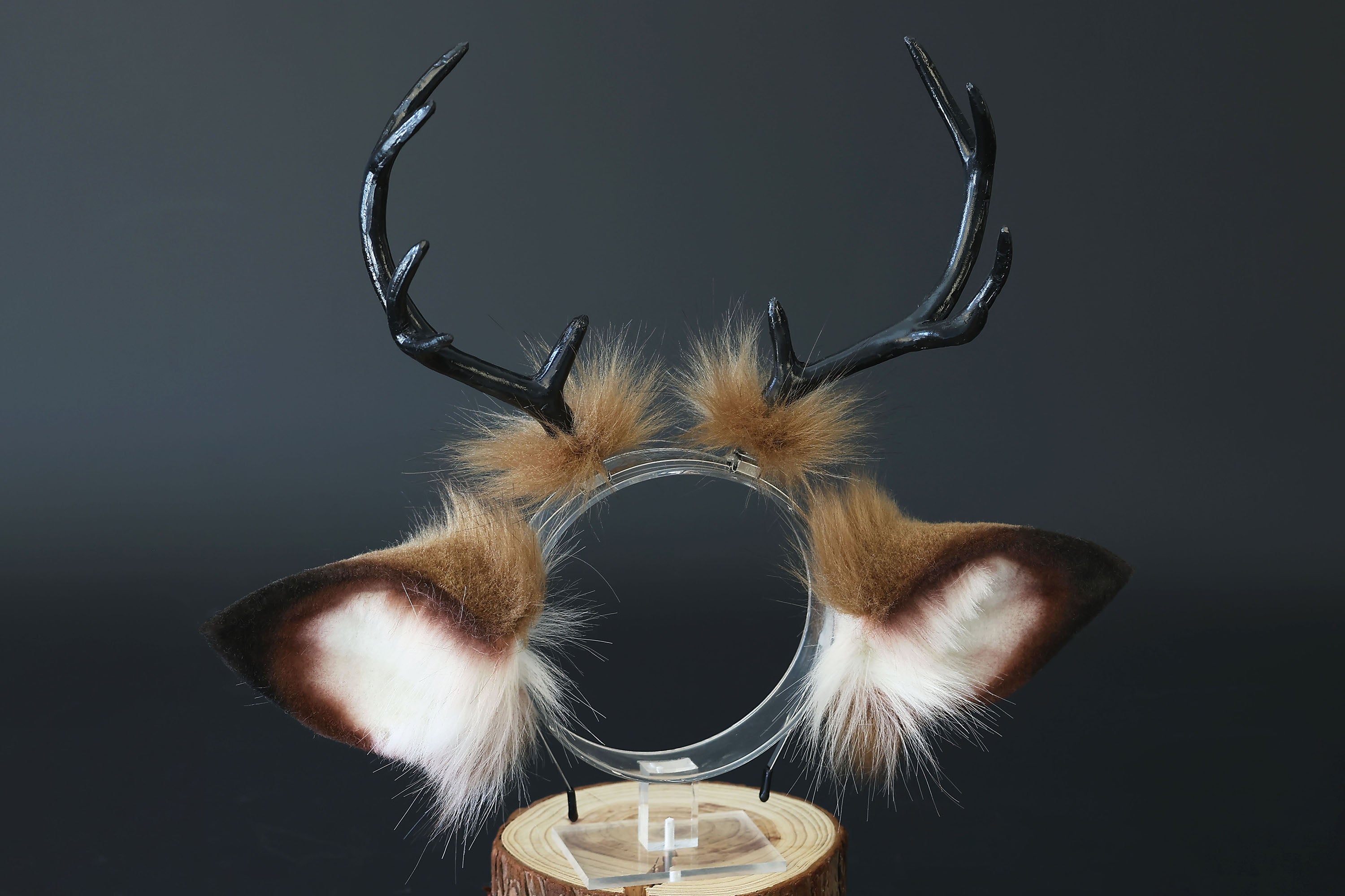 Faux fur deer ear and tail kemonomimi brown white deer ear headband with antlers elk ear and tail butt plug anime cosplay fawn furry deer therian