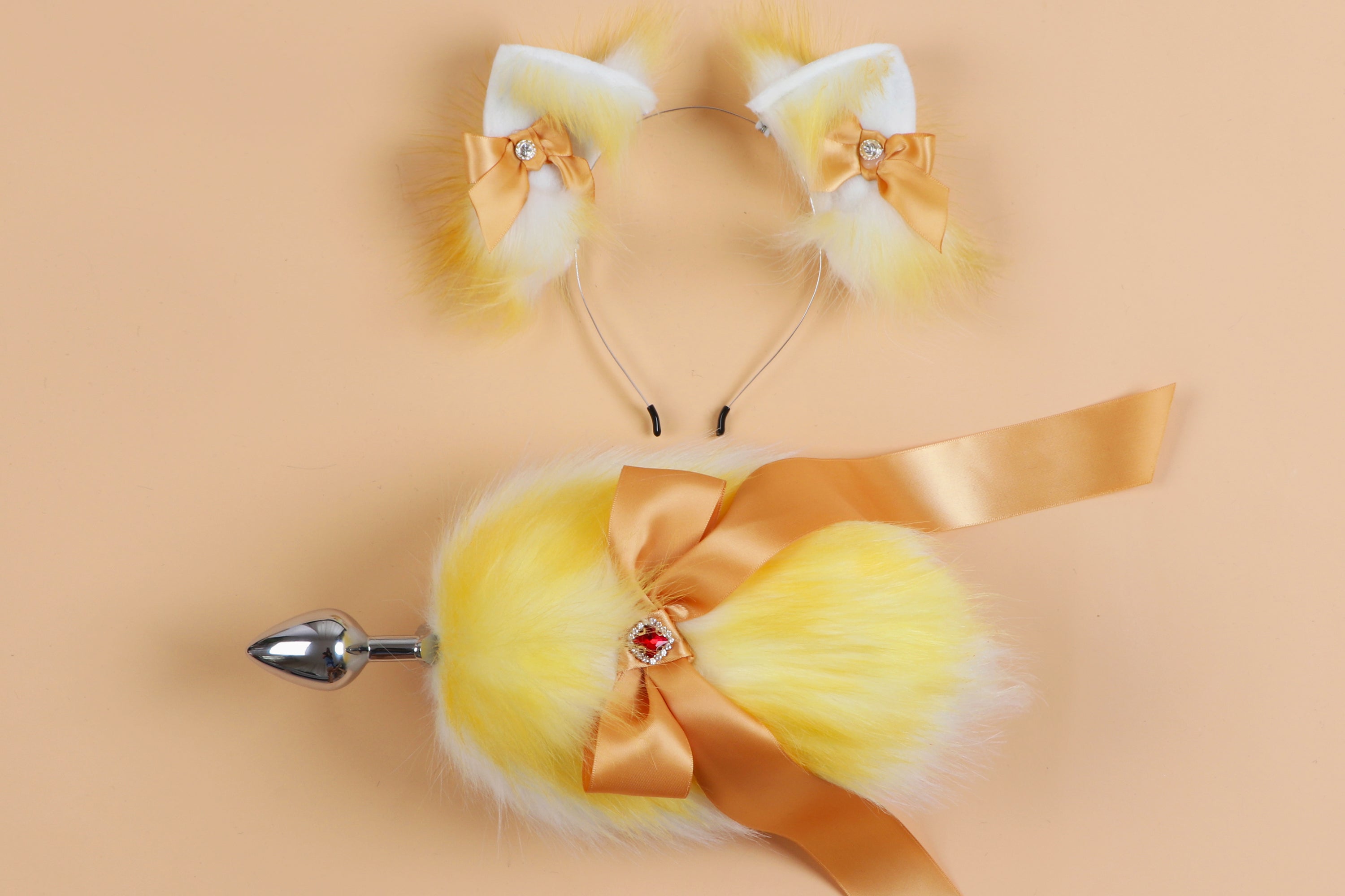 Yellow and white bow tail plug and ear set short tail butt plug and ear kitten tail buttplug bdsm sex toy petplay neko cosplay anime