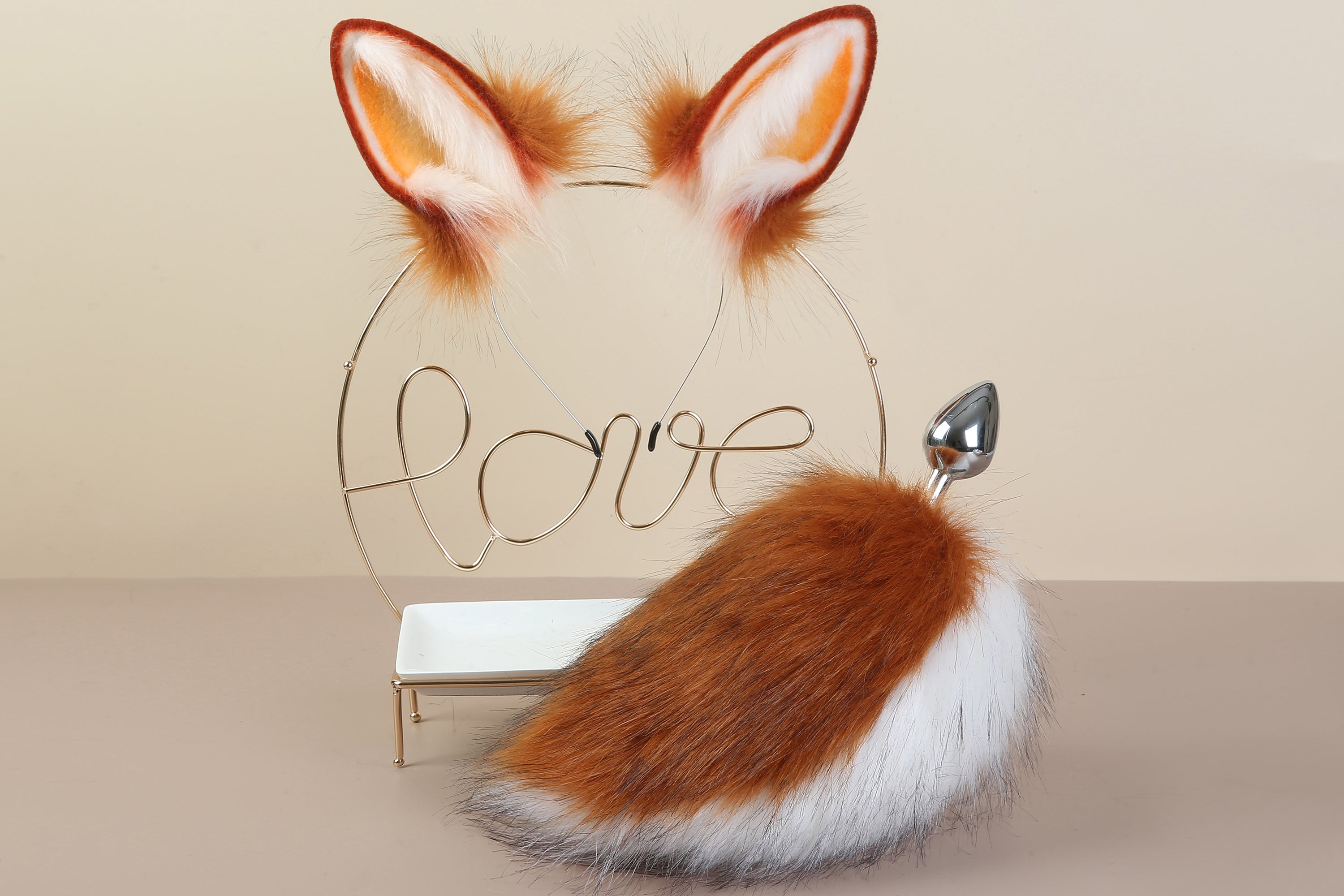 brown white bunny tail plug and ear set rabbit tail butt plug and ear cosplay rabbit kemonomimi bunny therian