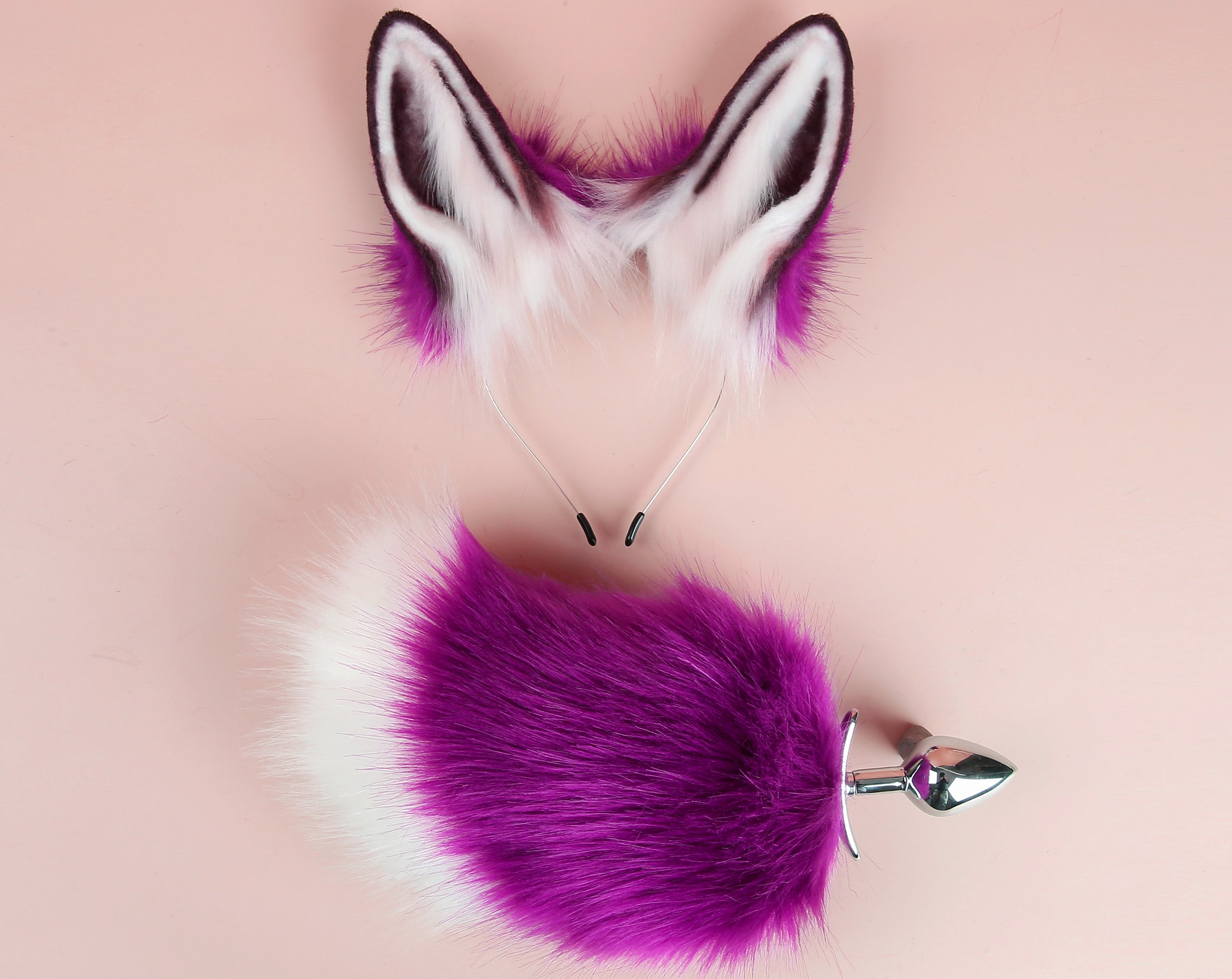 bunny tail plug and ear set purple white rabbit tail butt plug and ear anime cosplay sextoy bunny kemonomimi rabbit therian