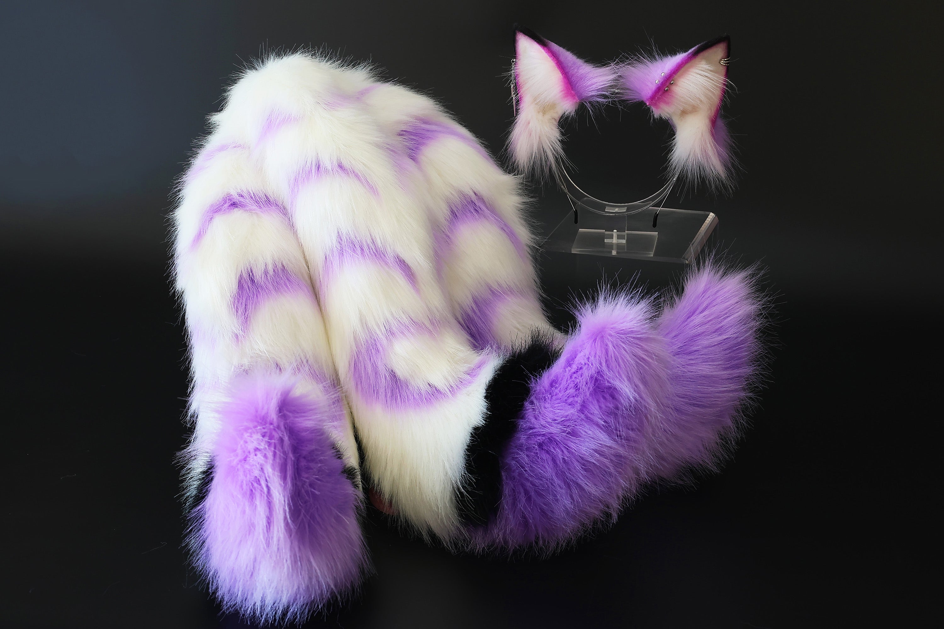 Faux fur 3 tailed kitsune tail and ear purple white 3 fox tails and ears kitten ear and tail set wolf ear and tail anime cosplay role play