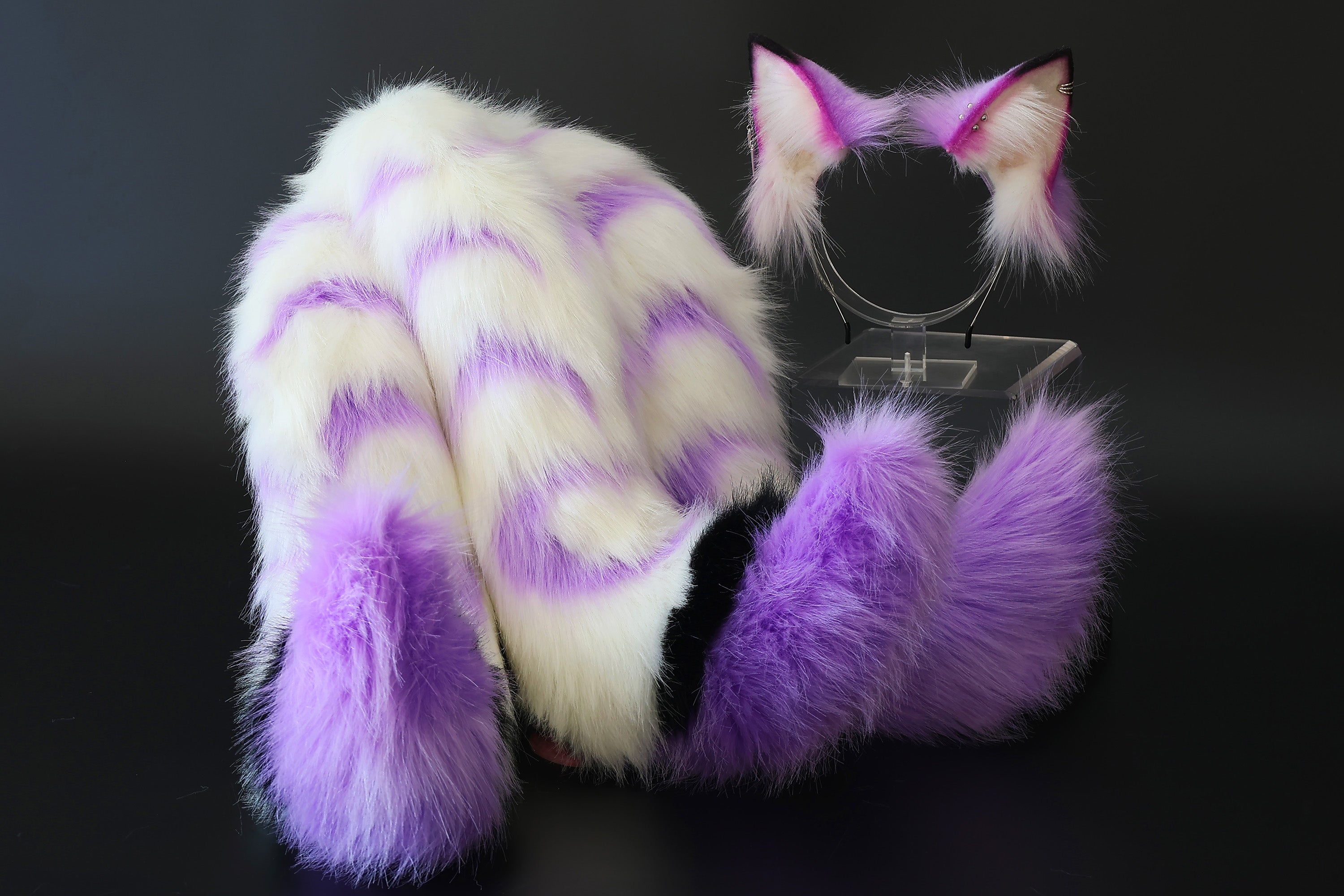 Faux fur 3 tailed kitsune tail and ear purple white 3 fox tails and ears kitten ear and tail set wolf ear and tail anime cosplay role play