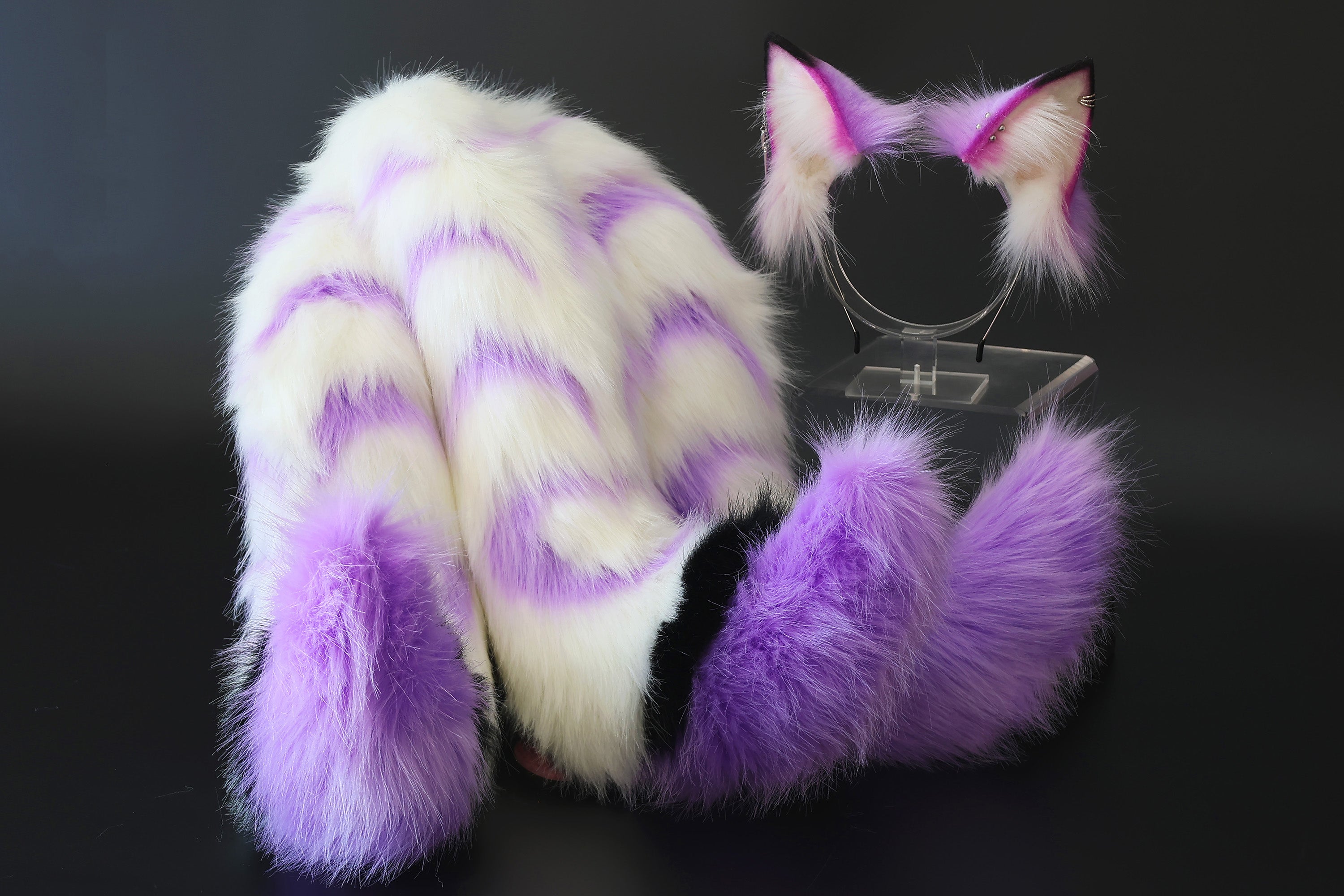Faux fur 3 tailed kitsune tail and ear purple white 3 fox tails and ears kitten ear and tail set wolf ear and tail anime cosplay role play