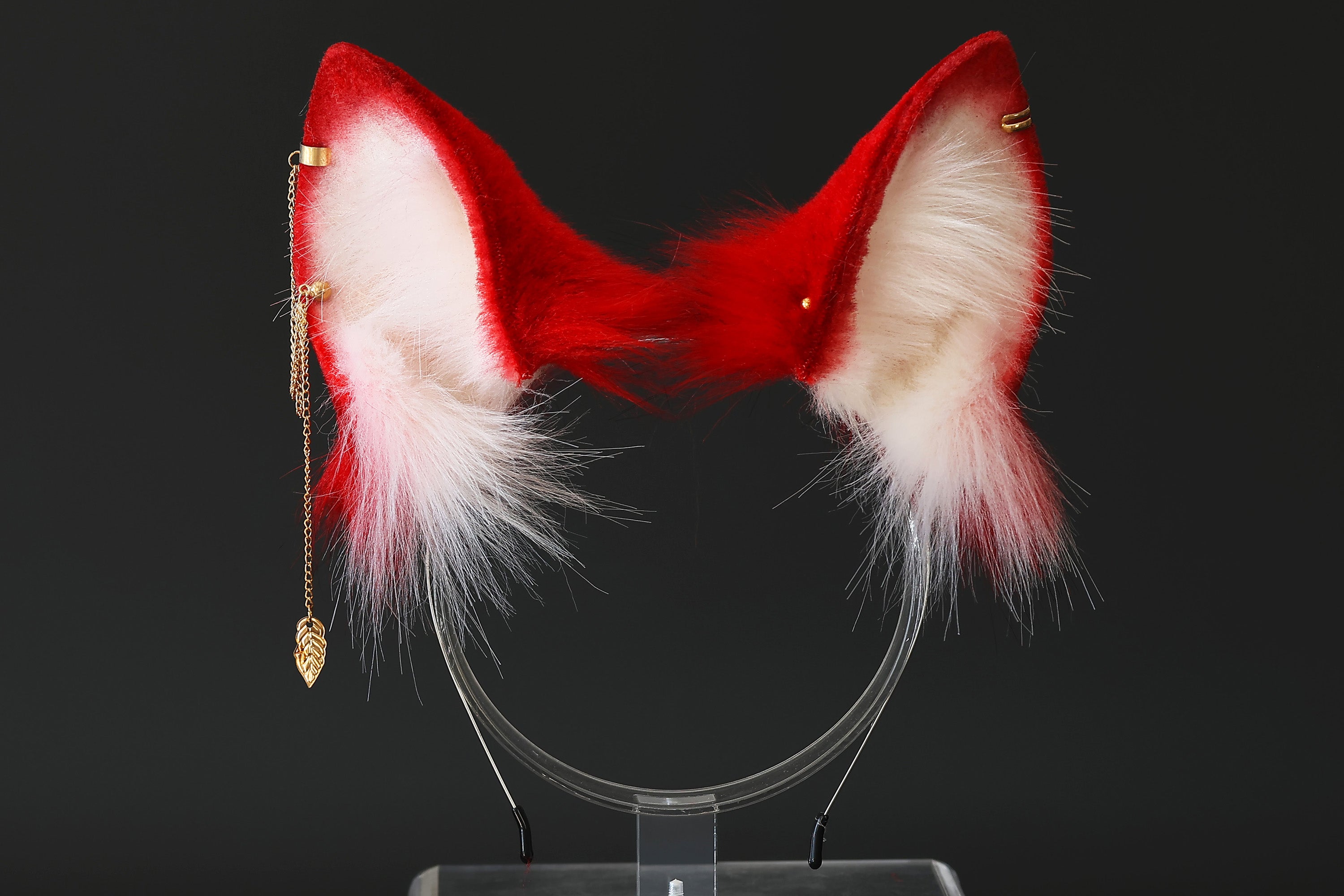 Red white stitching faux fur fox ears and tail curved wolf tail and ears cat tail and ears kitten ears and tail butt plug set anime cosplay role play