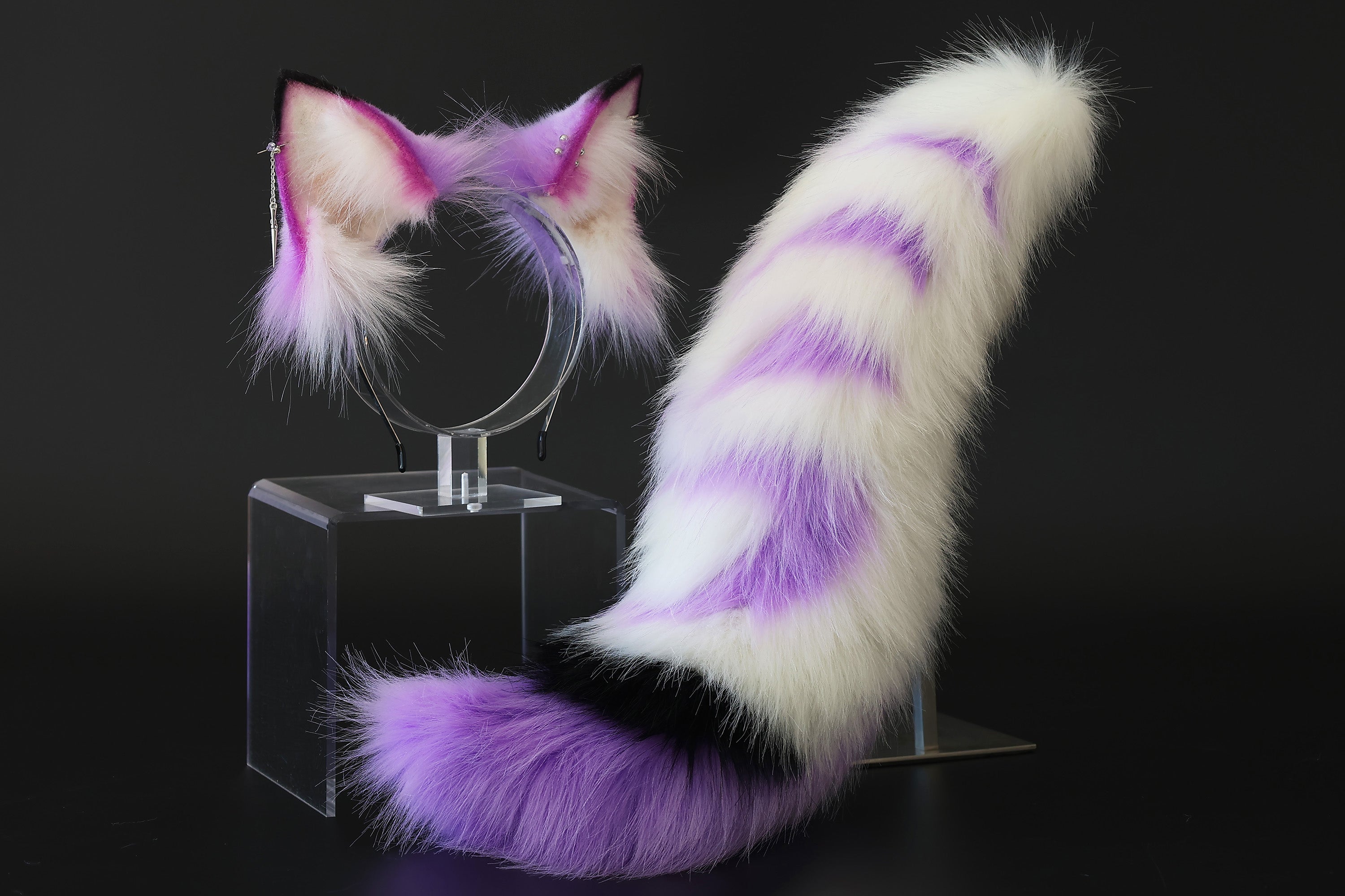 Stitching faux fur purple white fox ear and tail butt plug curved wolf tail and ear cat tail and ear kitten ears and tail set anime cosplay role play