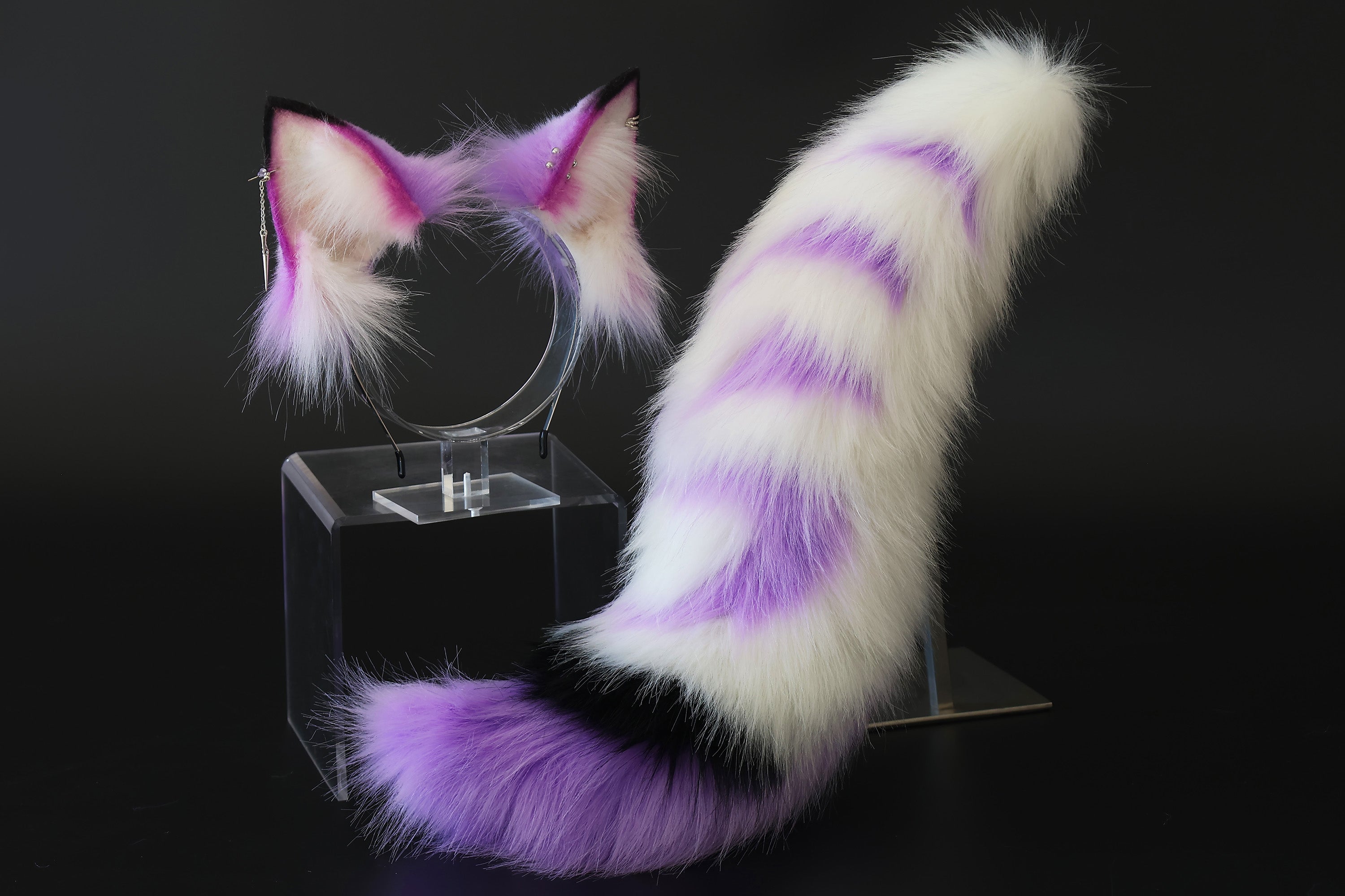 Stitching faux fur purple white fox ear and tail butt plug curved wolf tail and ear cat tail and ear kitten ears and tail set anime cosplay role play