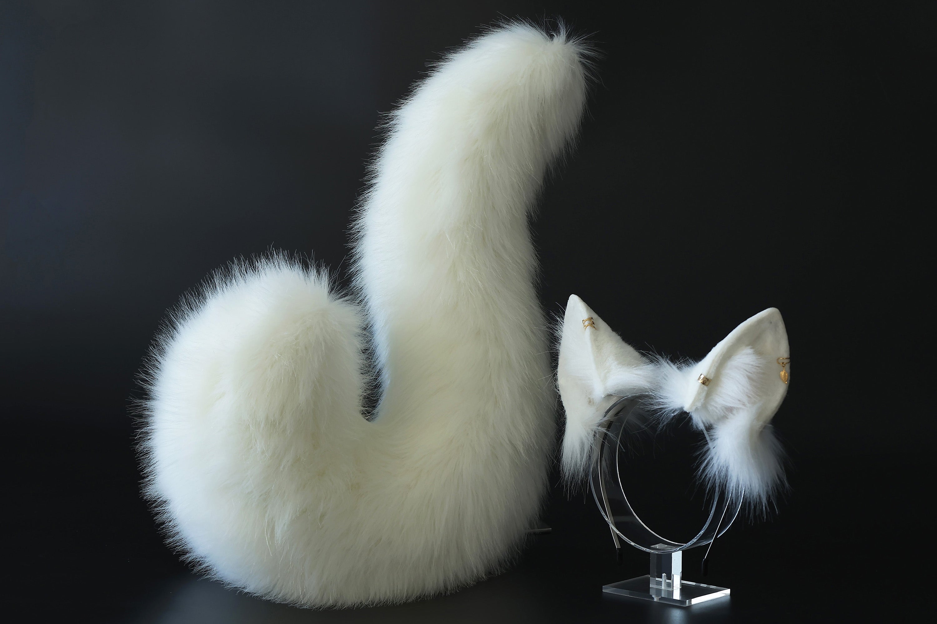 White faux fur shepherd dog tail and ear set shiba Inu dog ear and tail plug curved puppy tail anime cosplay  puppy play halloween gift