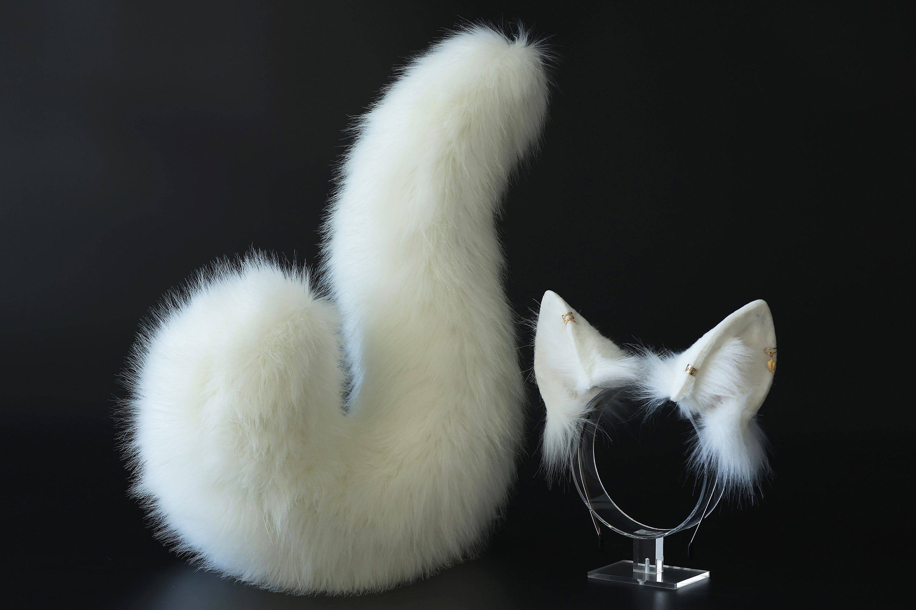 White faux fur shepherd dog tail and ear set shiba Inu dog ear and tail plug curved puppy tail anime cosplay  puppy play halloween gift