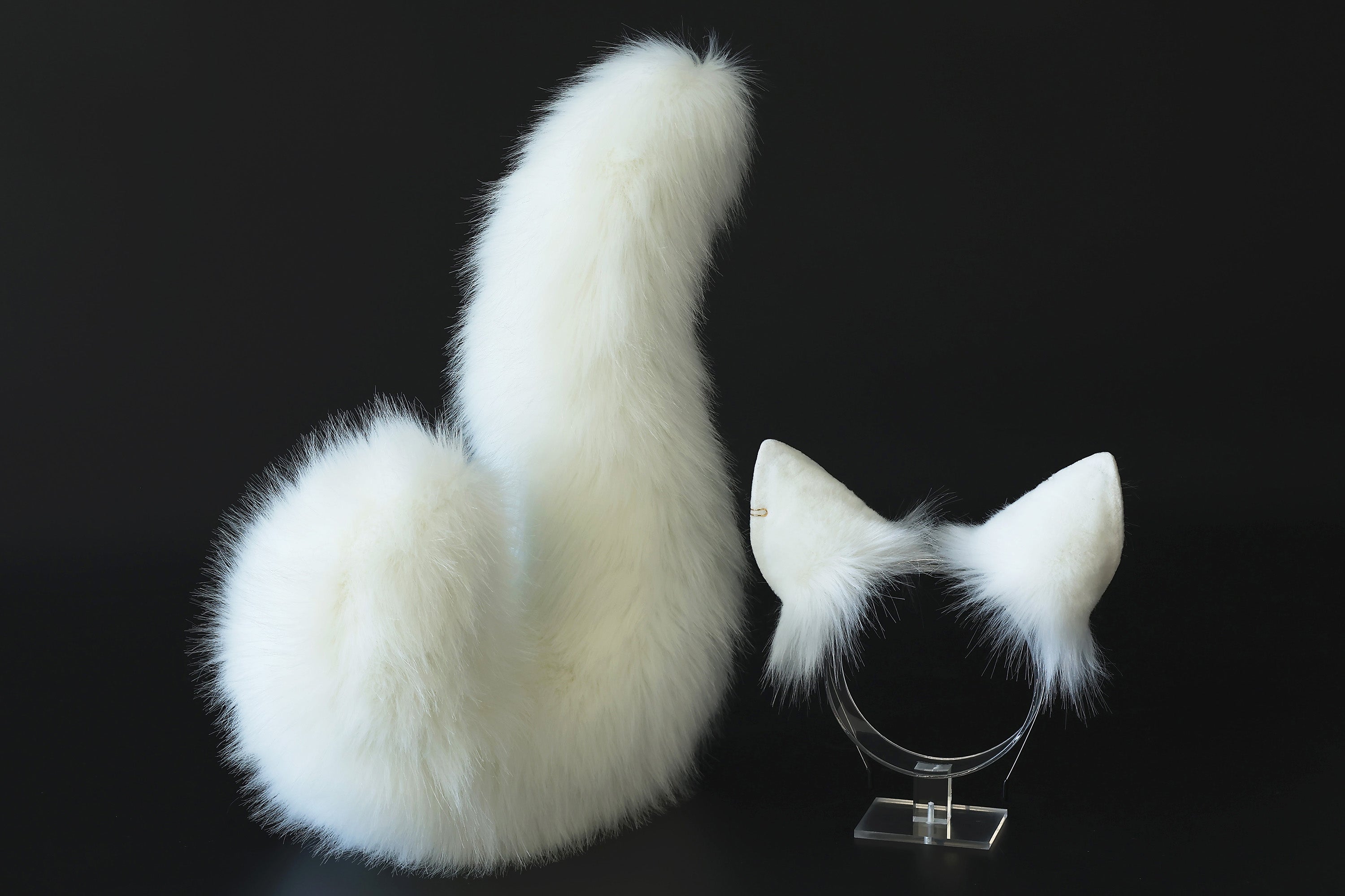 White faux fur shepherd dog tail and ear set shiba Inu dog ear and tail plug curved puppy tail anime cosplay  puppy play halloween gift