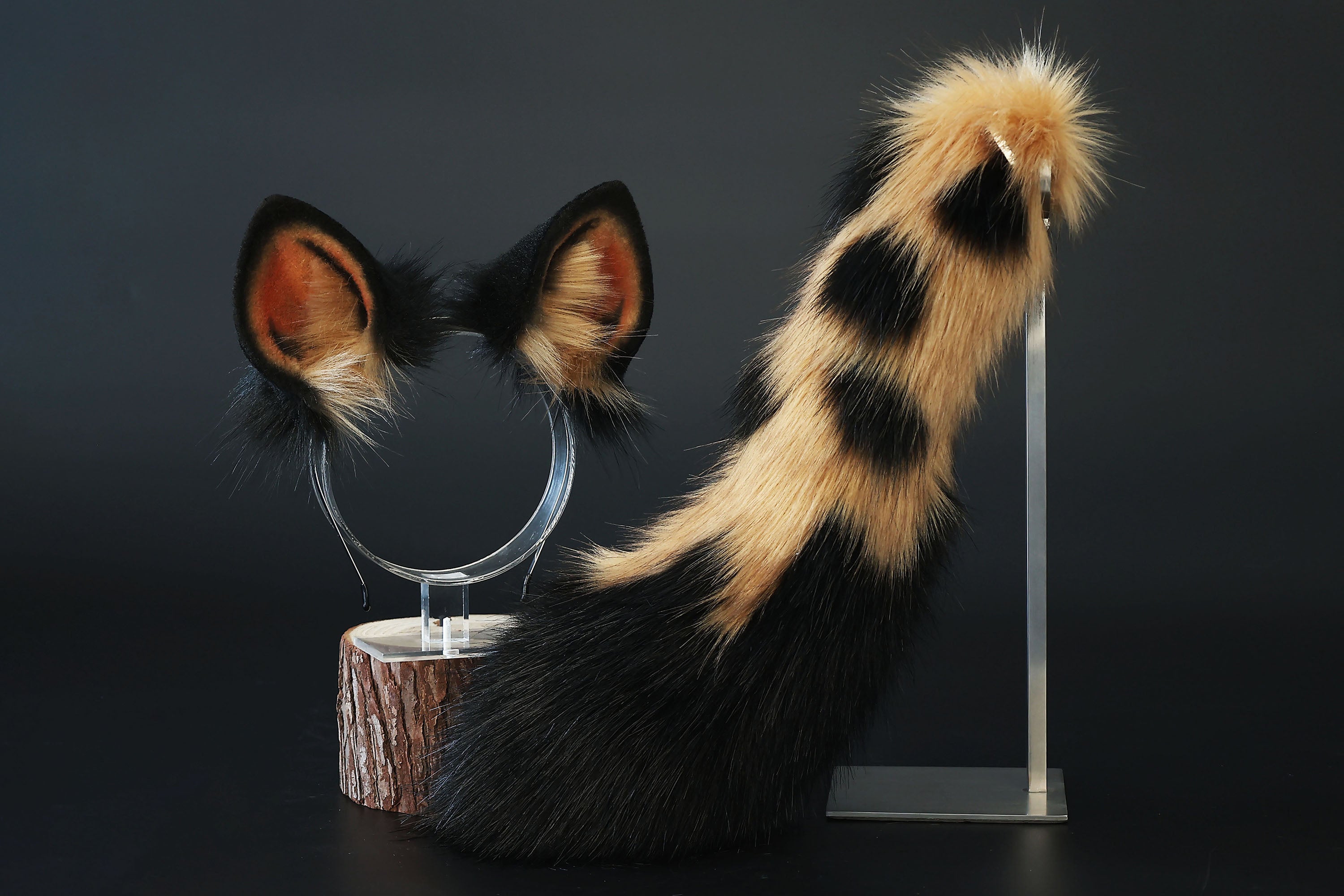 Faux fur spotted hyena ears and tail butt plug costume animal cosplay hyena kemonomimi brown hyena dog tail and ears therian african wild dog furry