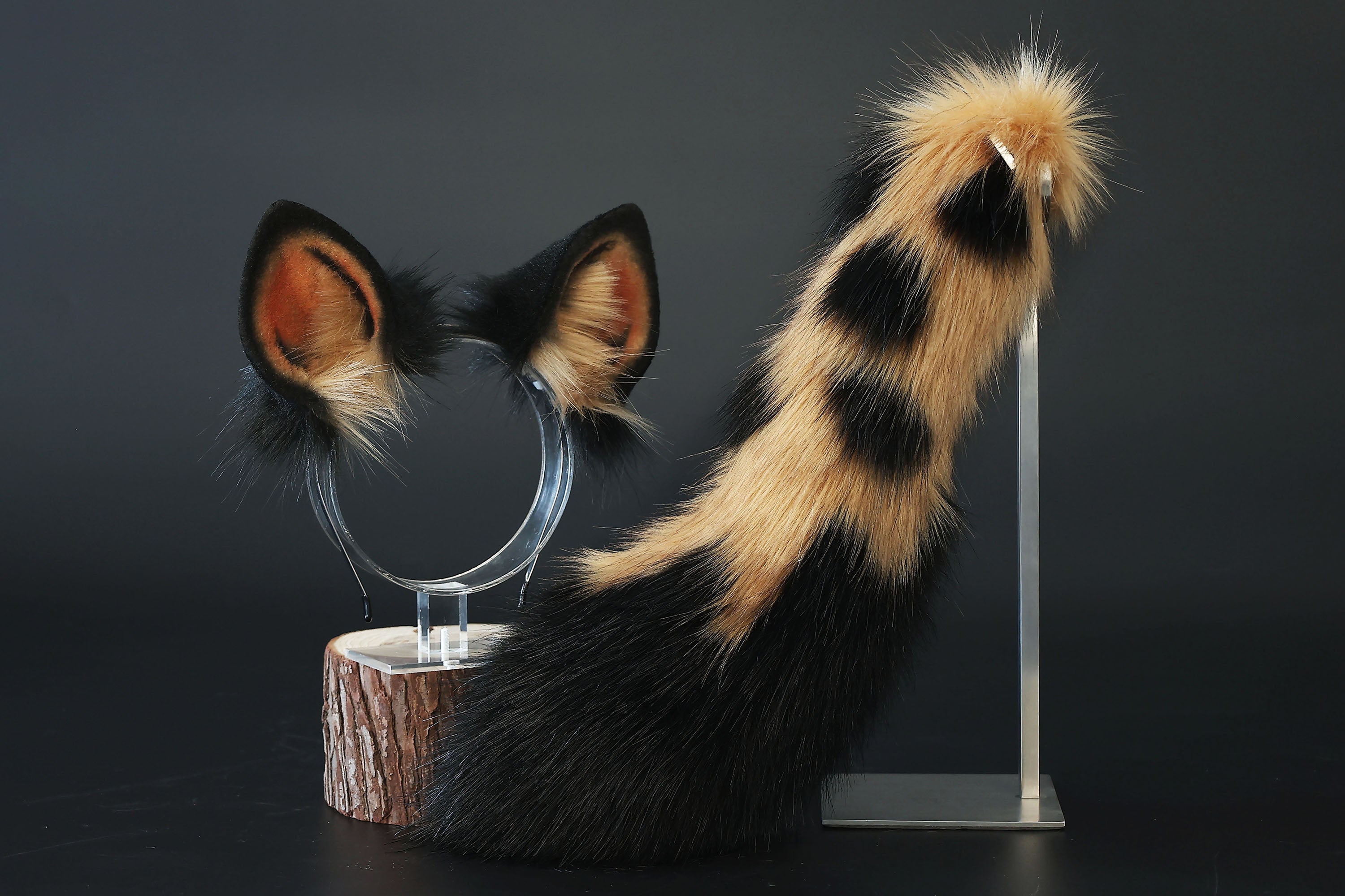 Faux fur spotted hyena ears and tail butt plug costume animal cosplay hyena kemonomimi brown hyena dog tail and ears therian african wild dog furry