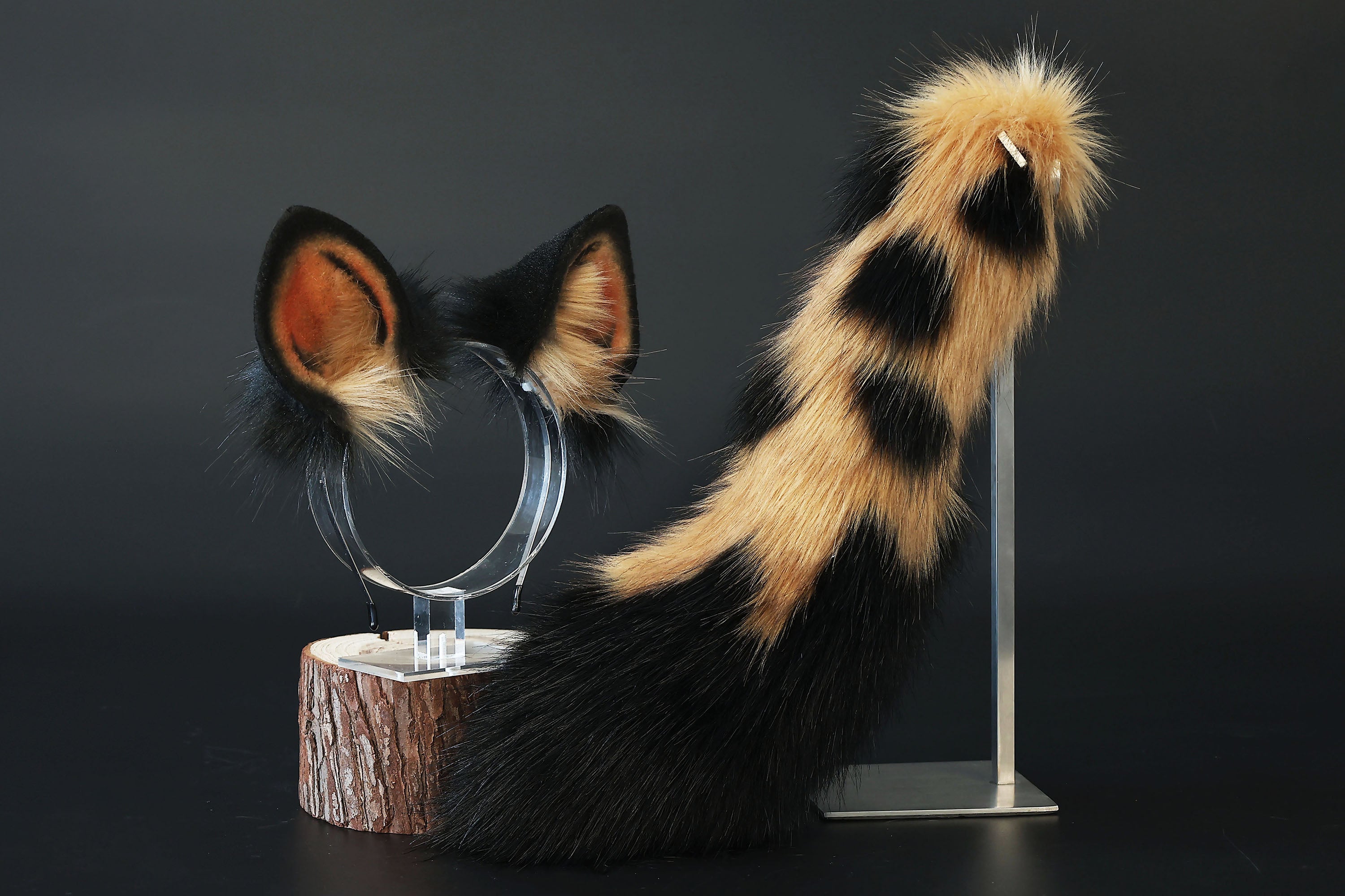 Faux fur spotted hyena ears and tail butt plug costume animal cosplay hyena kemonomimi brown hyena dog tail and ears therian african wild dog furry
