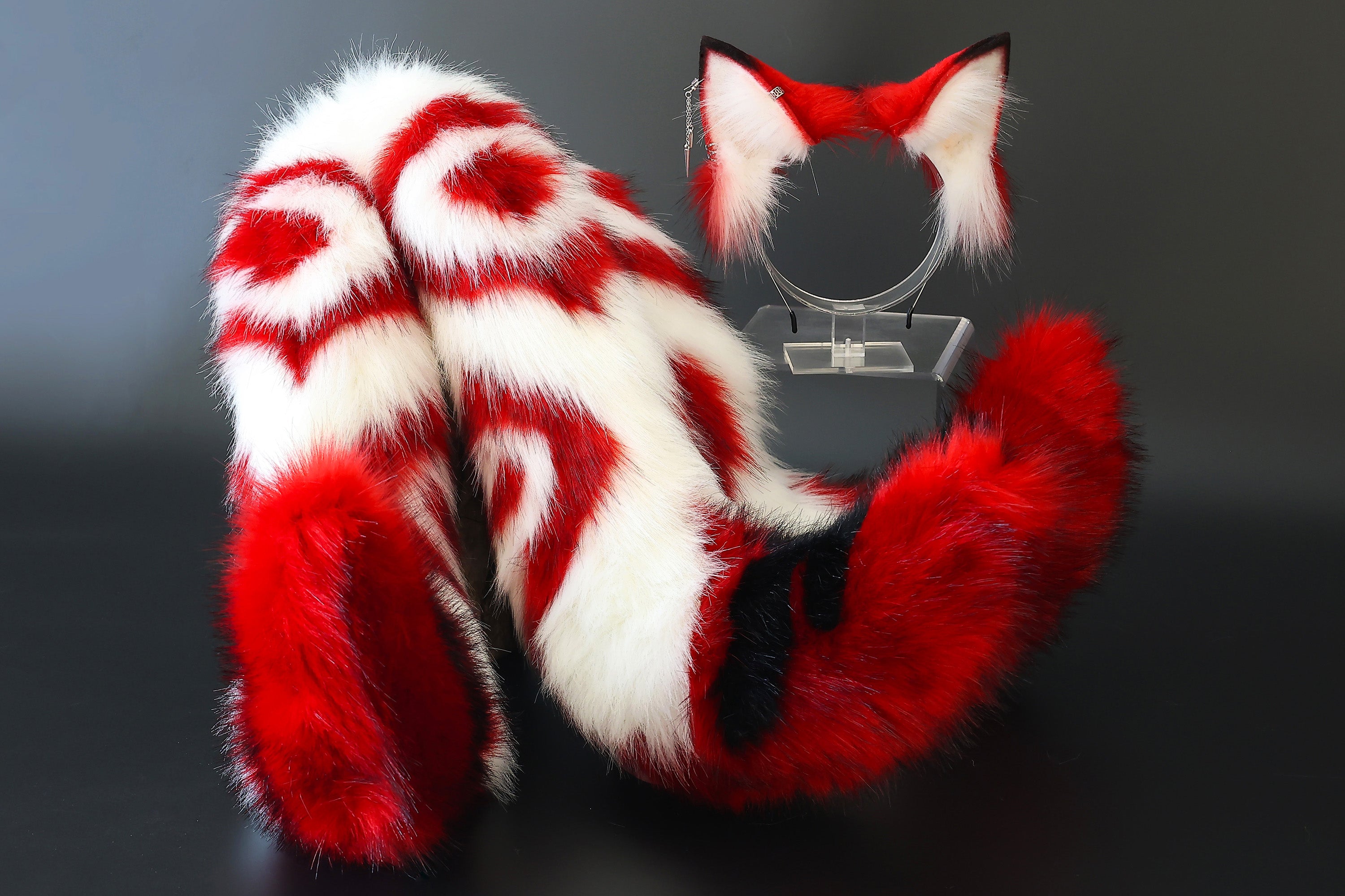 3 tailed kitsune tail and ear set faux fur red white 3 fox tails and ears kitten ear and tail butt plug set wolf ear and tail anime cosplay role play