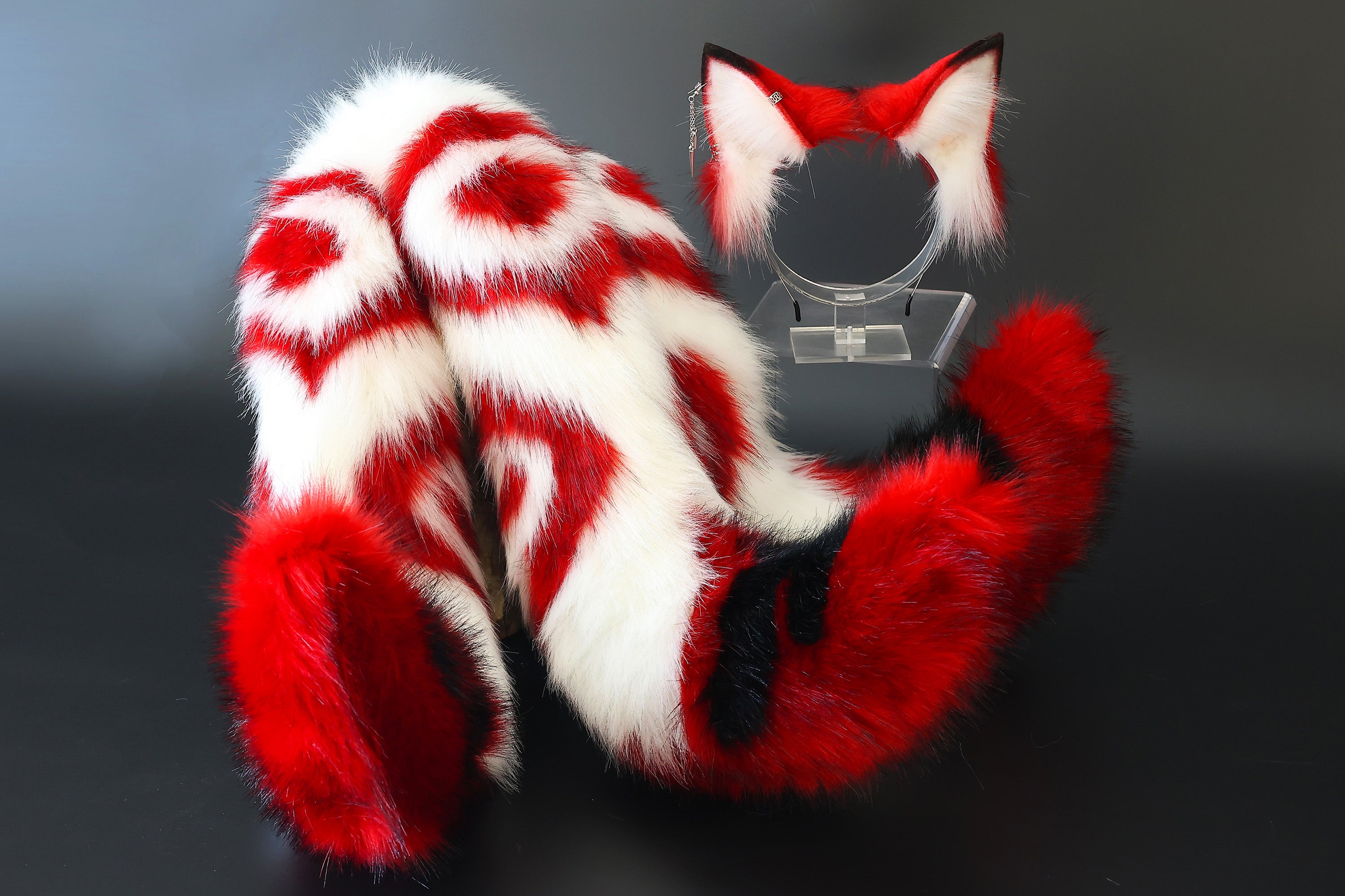 3 tailed kitsune tail and ear set faux fur red white 3 fox tails and ears kitten ear and tail butt plug set wolf ear and tail anime cosplay role play