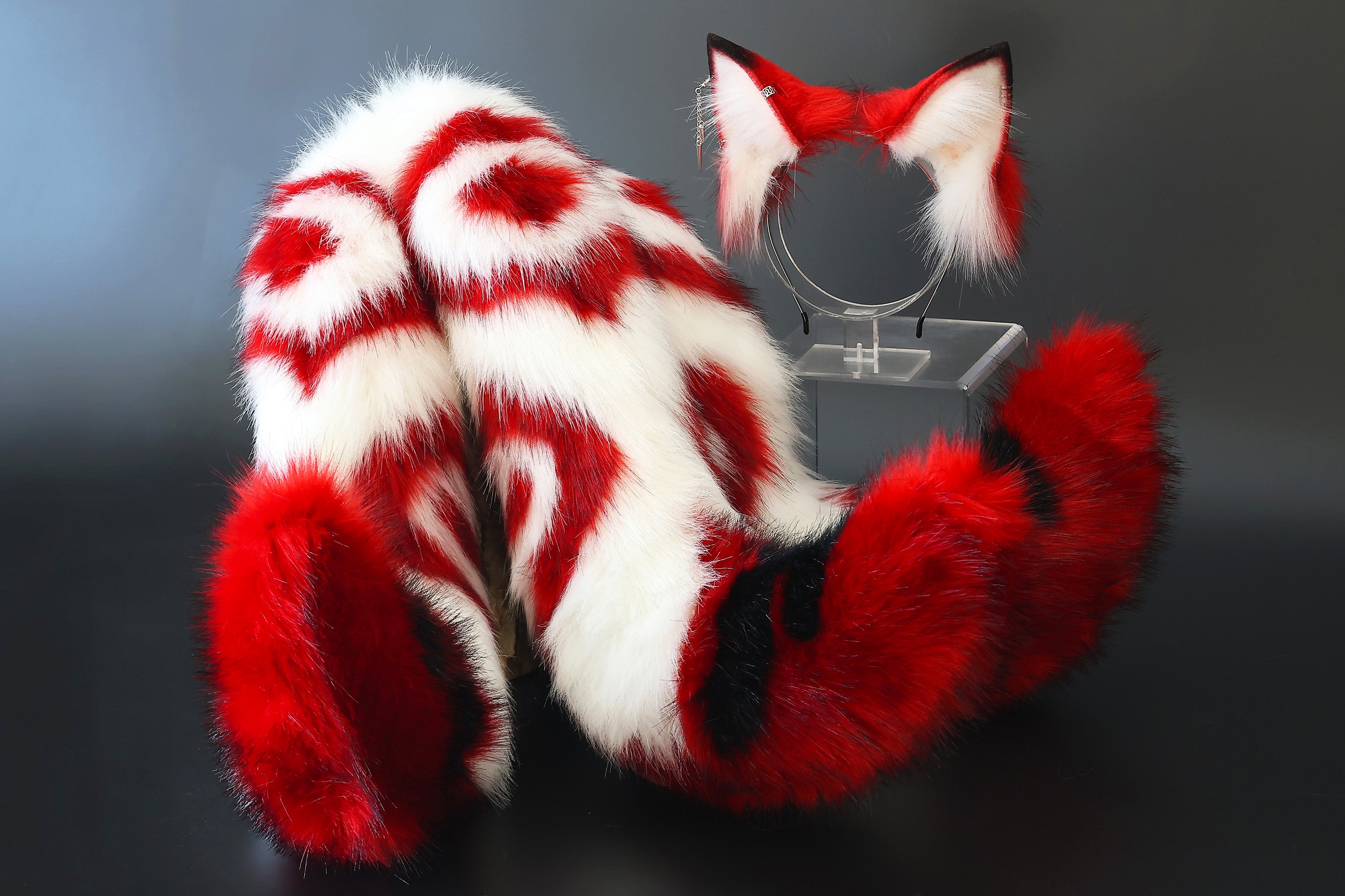 3 tailed kitsune tail and ear set faux fur red white 3 fox tails and ears kitten ear and tail butt plug set wolf ear and tail anime cosplay role play