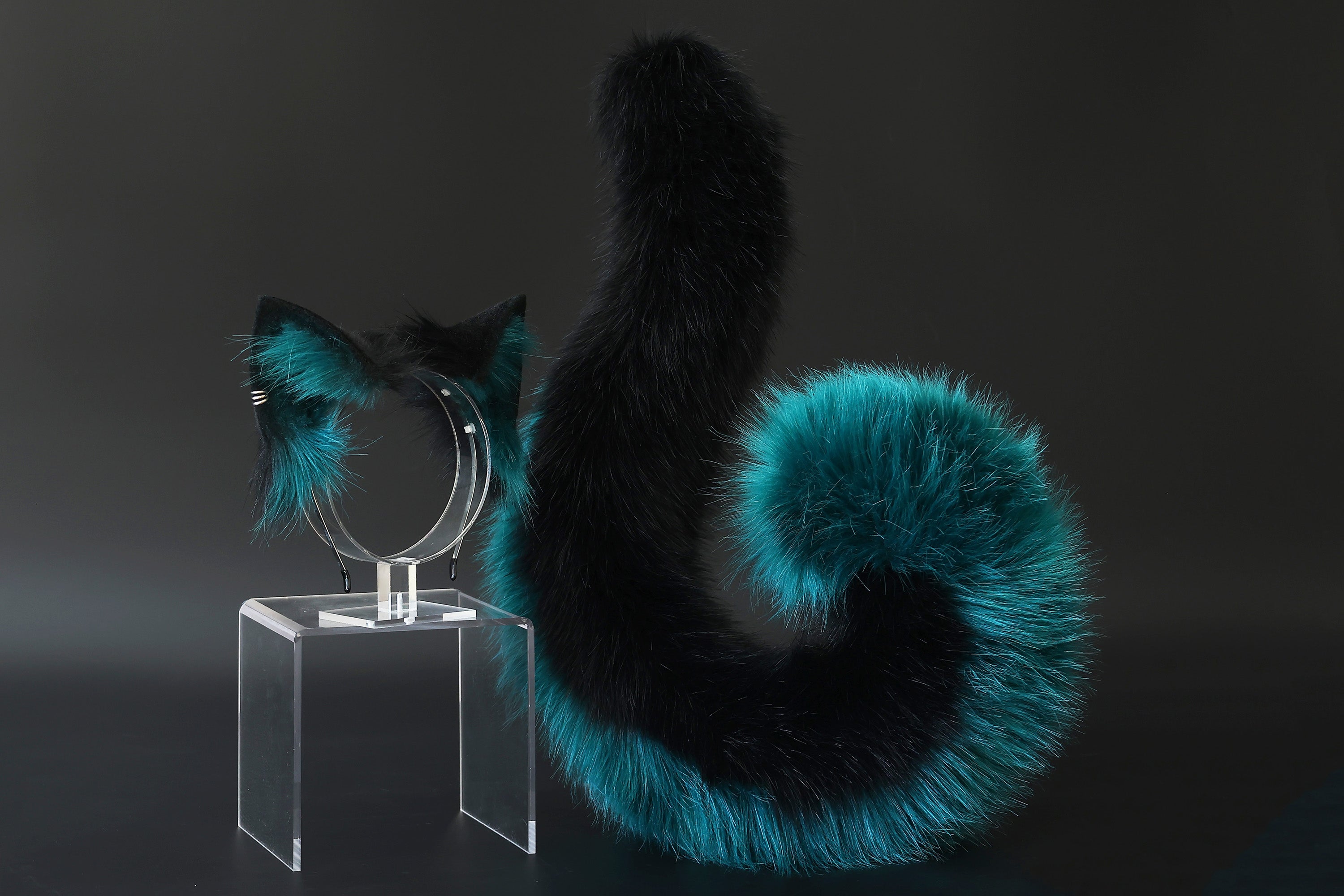 Black green faux fur cat ears and tail butt plug kitten ears and tail kittenplay anime cosplay petplay ear and tail kitten kemonomimi cat therian