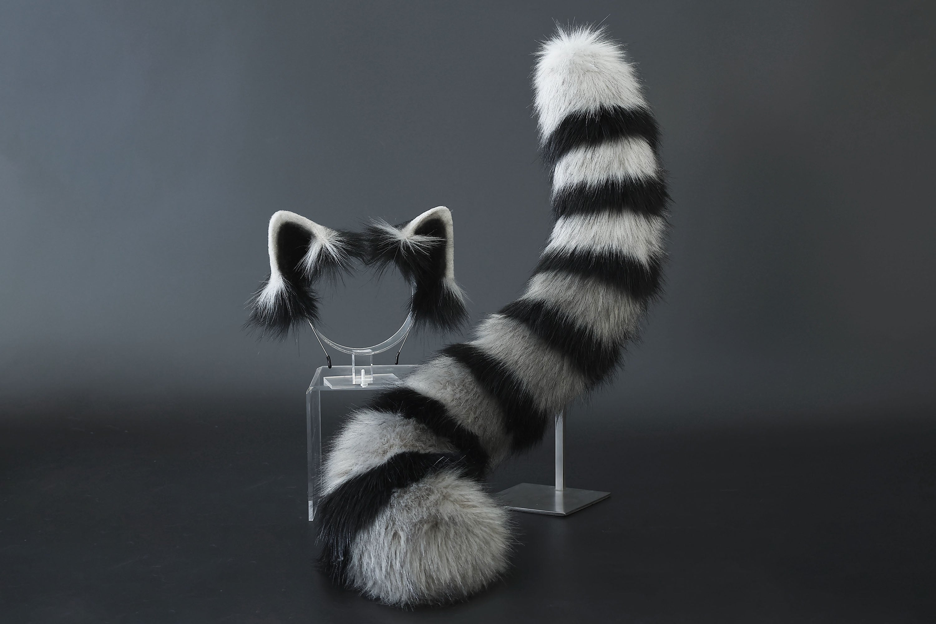 Raccoon ear and tail kemonomimi realistic faux fur gray black raccoon ear and tail butt plug raccoon therian anime cosplay raccoon ear and tail furry gift