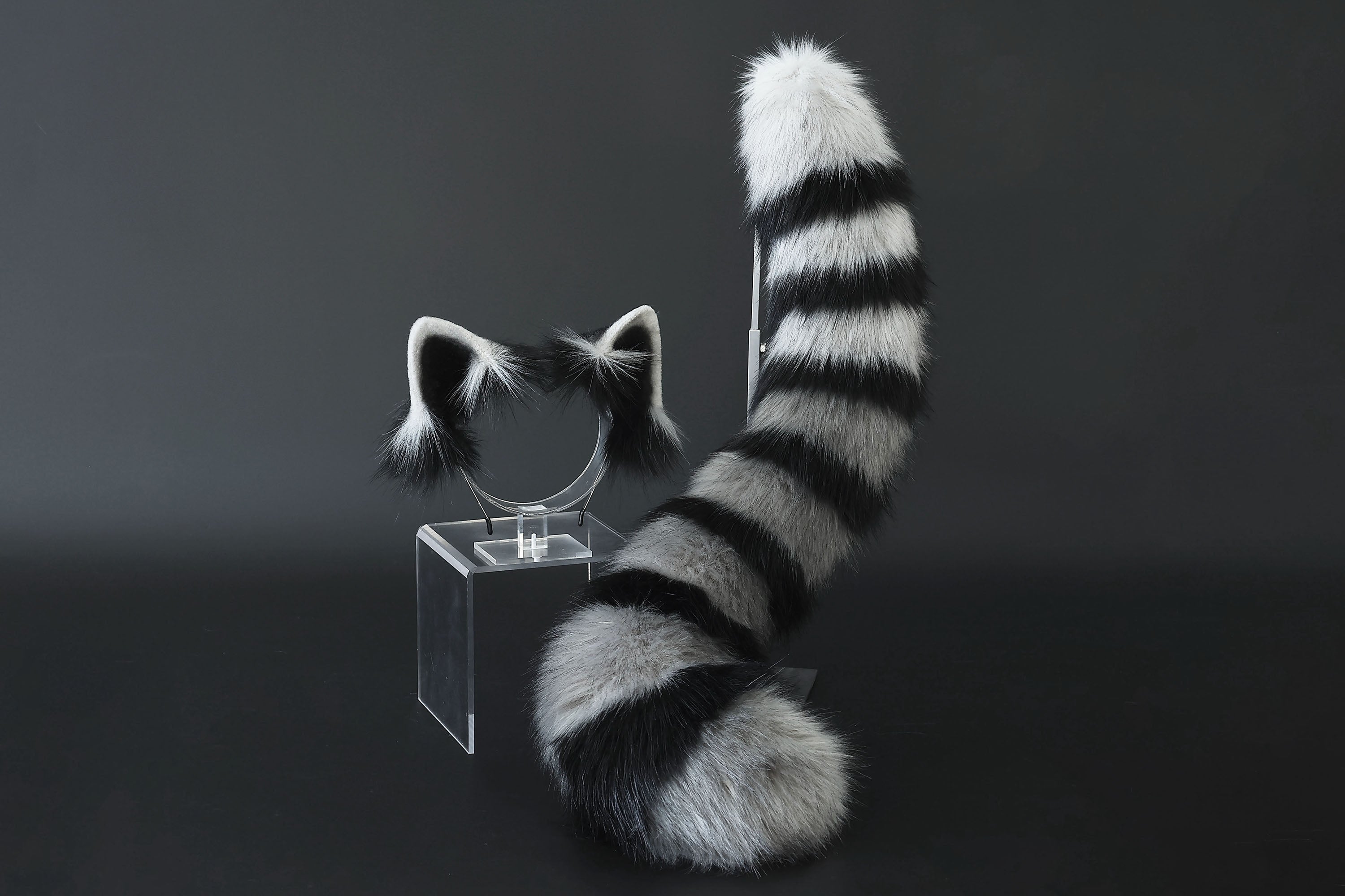 Raccoon ear and tail kemonomimi realistic faux fur gray black raccoon ear and tail butt plug raccoon therian anime cosplay raccoon ear and tail furry gift