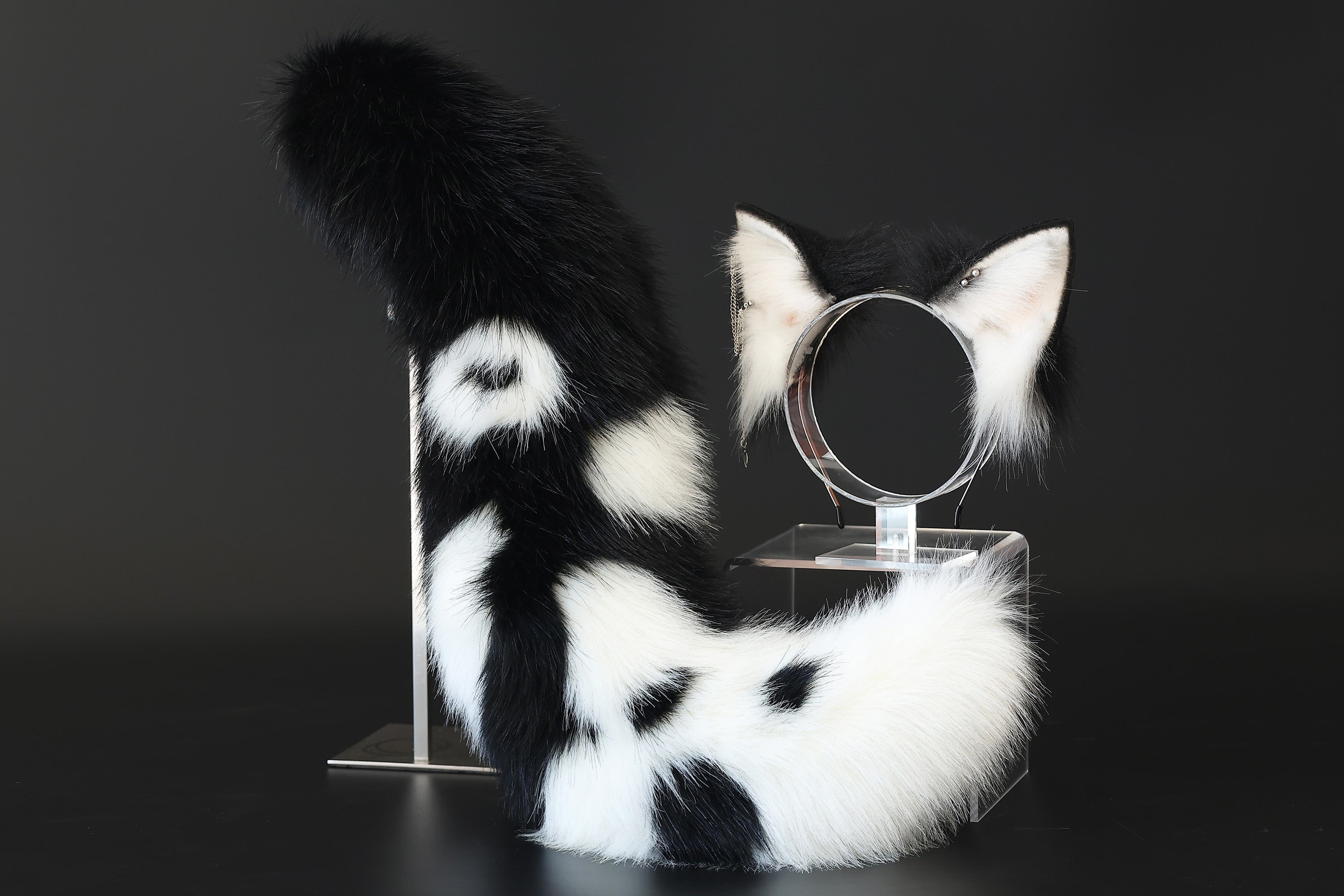 White black faux fur fox ear and tail curved wolf tail and ear cat tail and ear kitten ear and tail set anime cosplay role play ear and tail