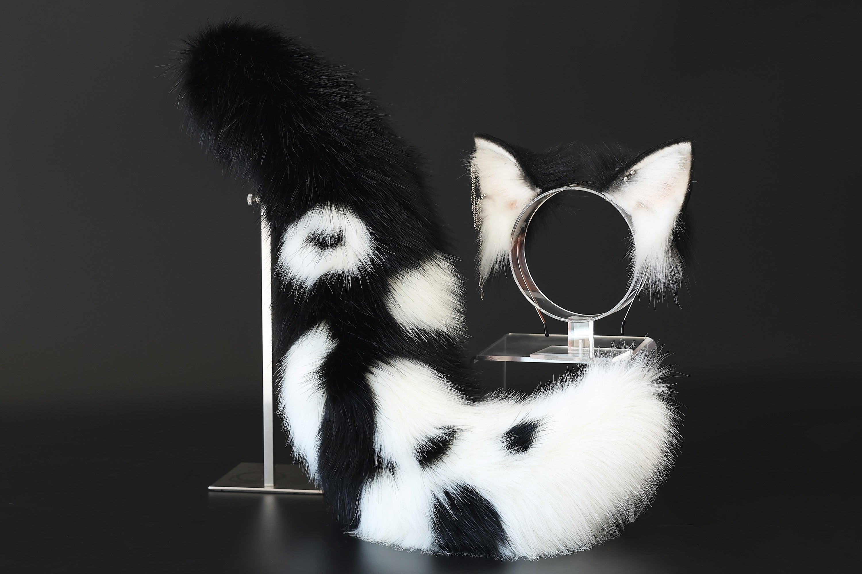 White black faux fur fox ear and tail curved wolf tail and ear cat tail and ear kitten ear and tail set anime cosplay role play ear and tail