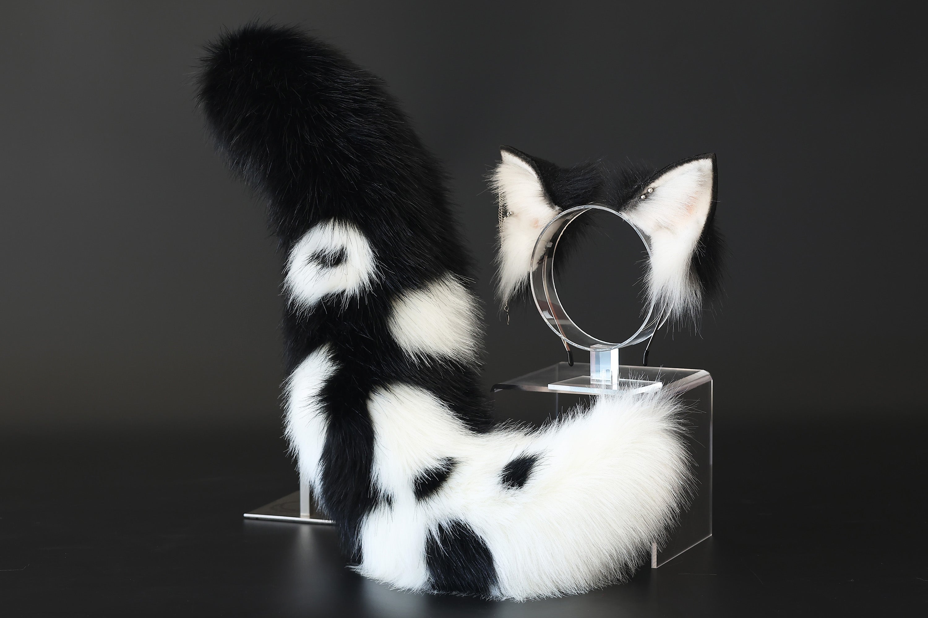 White black faux fur fox ear and tail curved wolf tail and ear cat tail and ear kitten ear and tail set anime cosplay role play ear and tail
