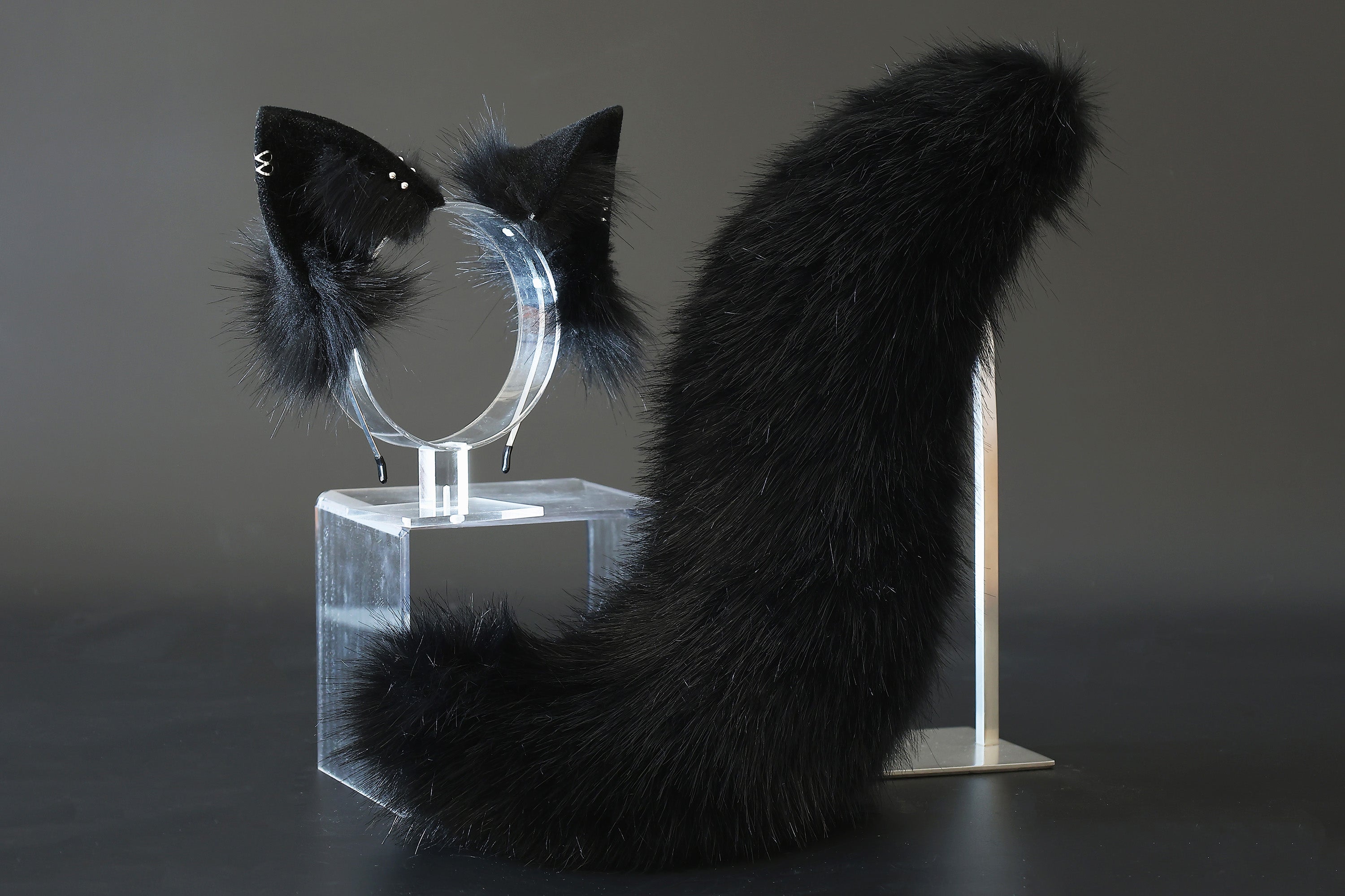 Black faux fur fox tail plug and ear set splicing wolf ear and tail anime cosplay therian cat ear and tail kemonomimi girl fox boy furry