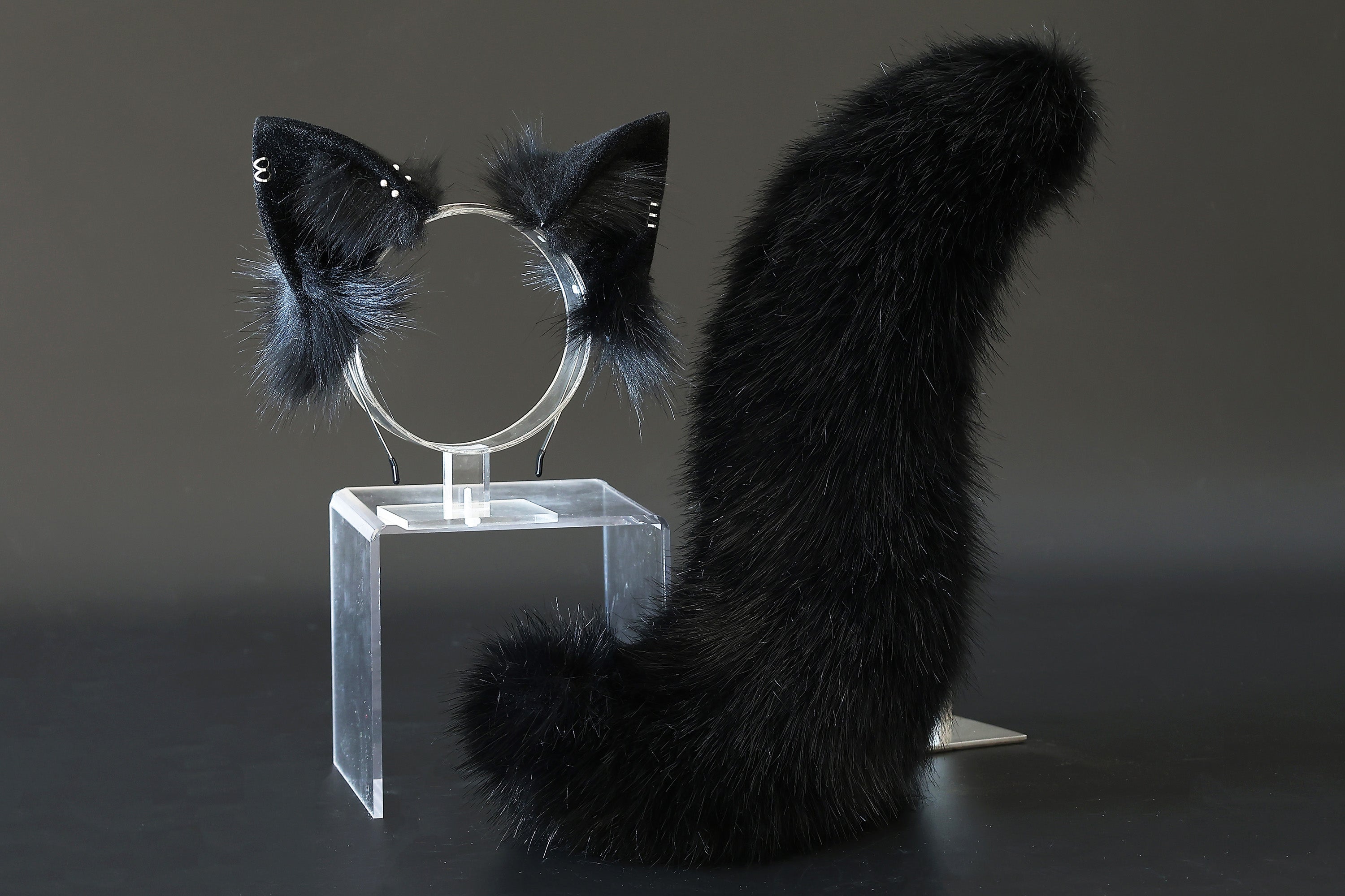 Black faux fur fox tail plug and ear set splicing wolf ear and tail anime cosplay therian cat ear and tail kemonomimi girl fox boy furry