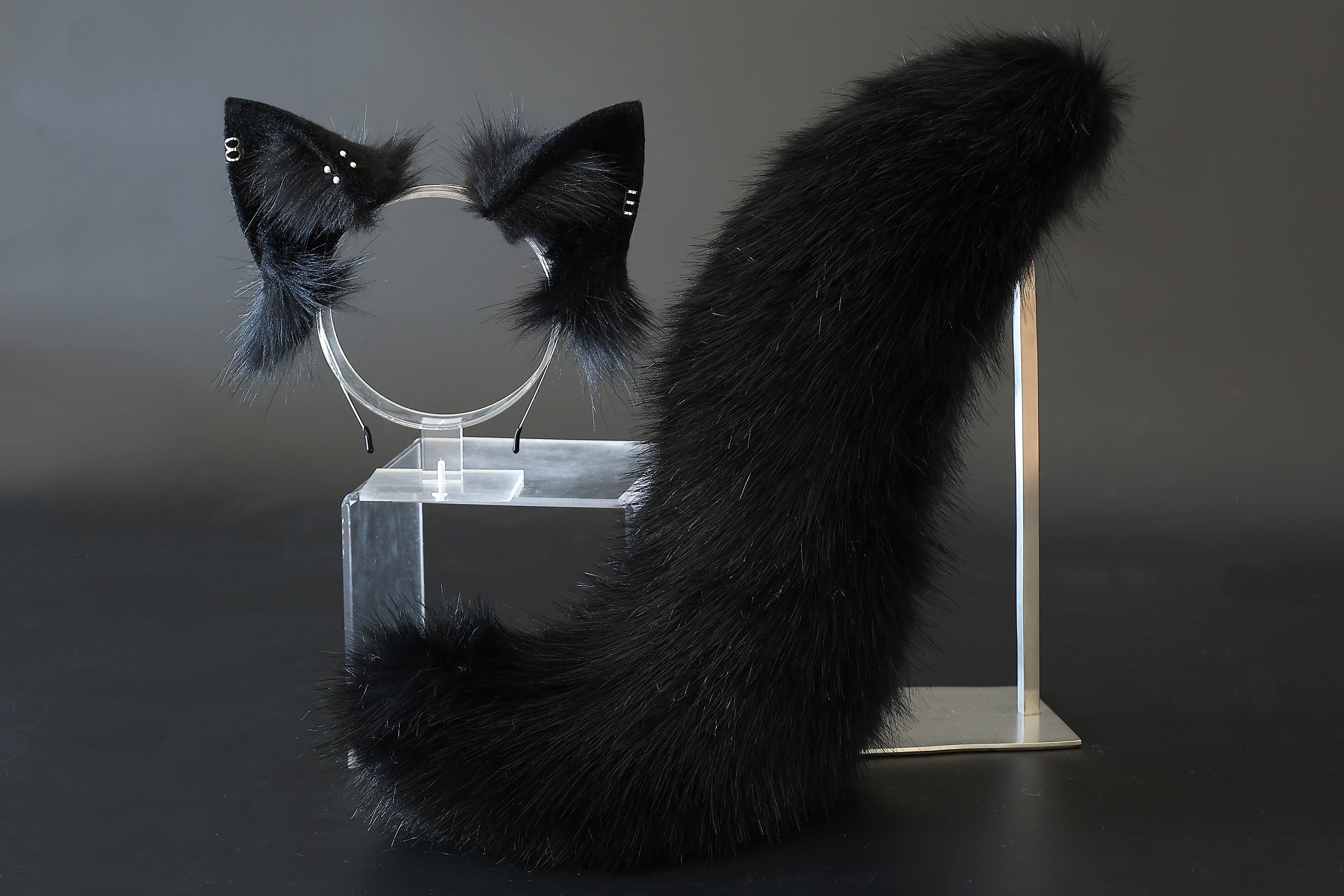 Black faux fur fox tail plug and ear set splicing wolf ear and tail anime cosplay therian cat ear and tail kemonomimi girl fox boy furry