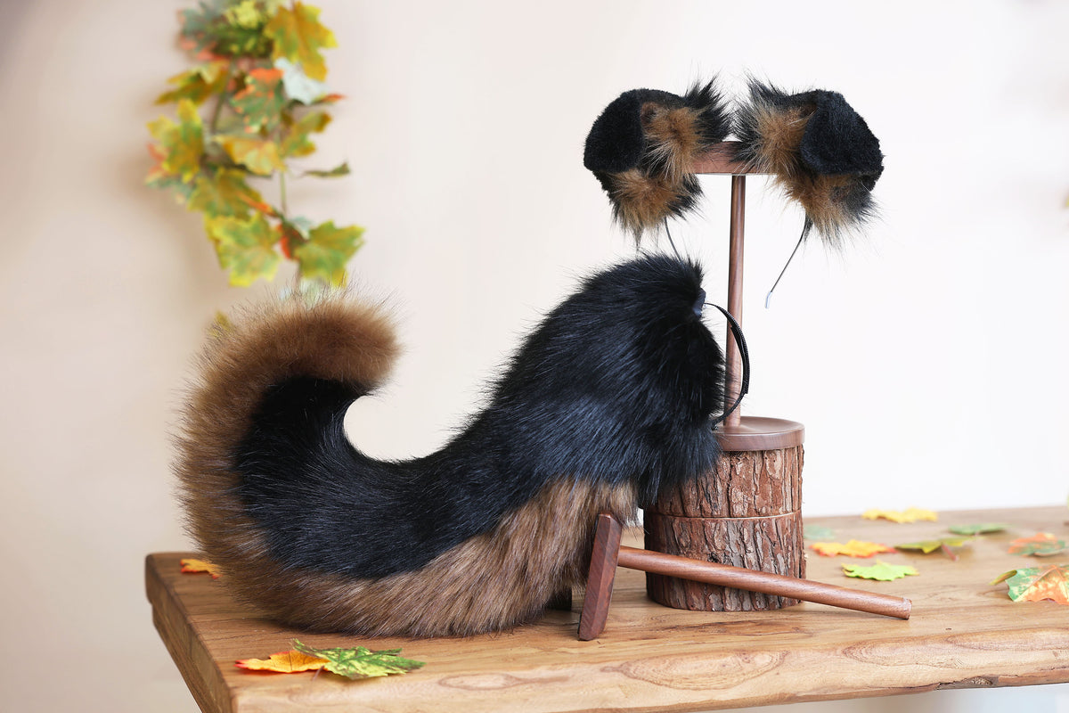 Black brown faux fur puppy tail sleeve and ears faux fur dog sleeves for hyper motion silicone base - super motion tail covers kemonomimi
