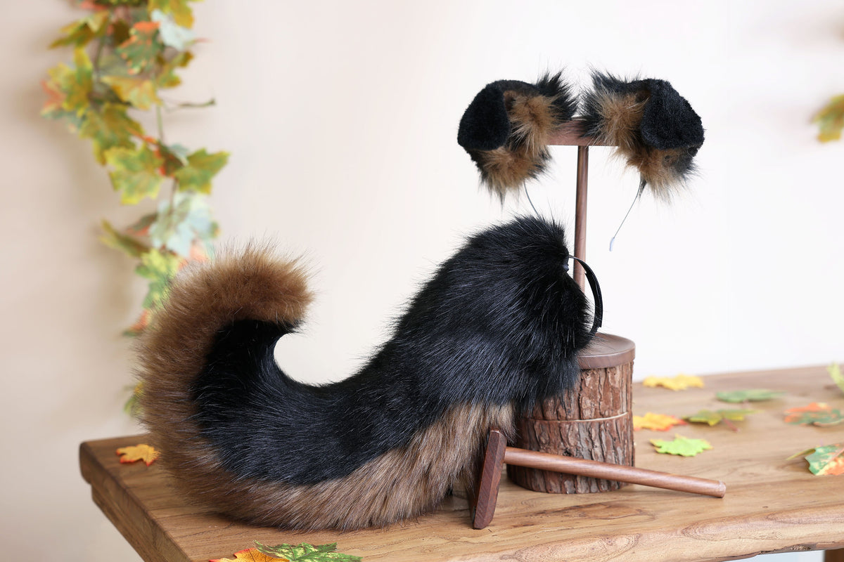 Black brown faux fur puppy tail sleeve and ears faux fur dog sleeves for hyper motion silicone base - super motion tail covers kemonomimi