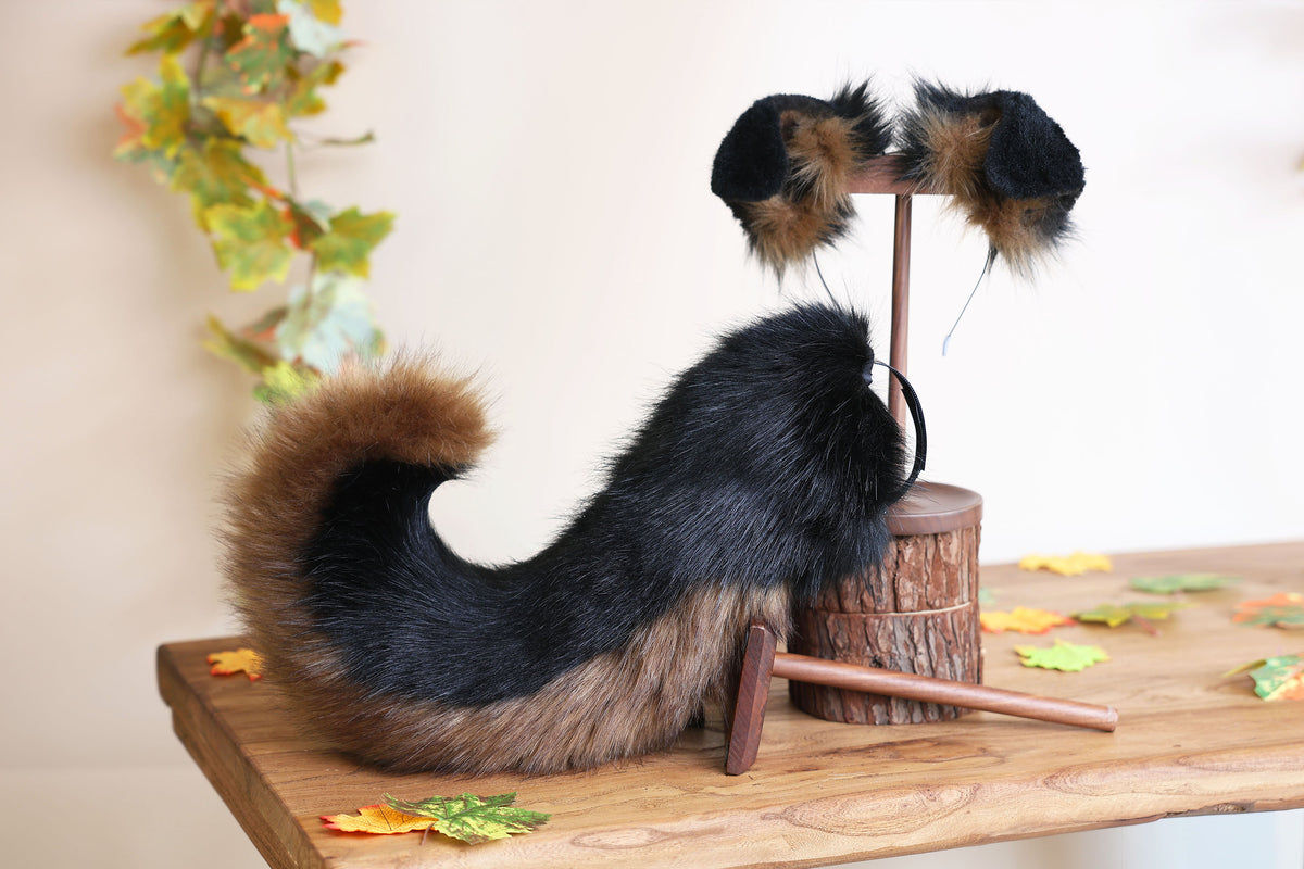 Black brown faux fur puppy tail sleeve and ears faux fur dog sleeves for hyper motion silicone base - super motion tail covers kemonomimi