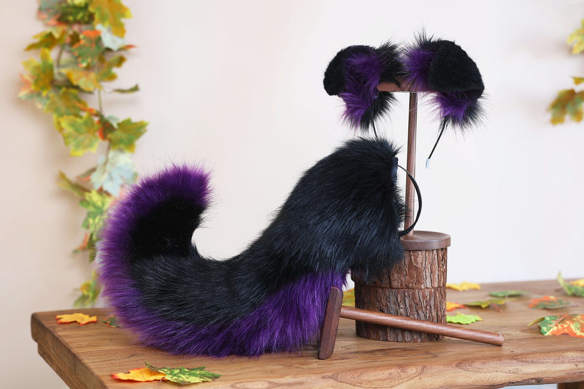Black dark purple faux fur puppy tail sleeve and ears faux fur dog sleeves for hyper motion silicone base - super motion tail covers kemonomimi
