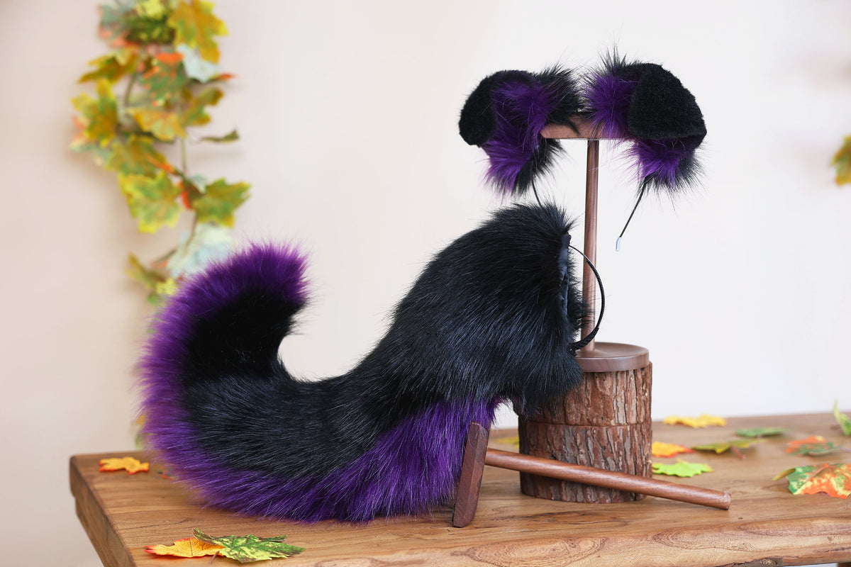 Black dark purple faux fur puppy tail sleeve and ears faux fur dog sleeves for hyper motion silicone base - super motion tail covers kemonomimi