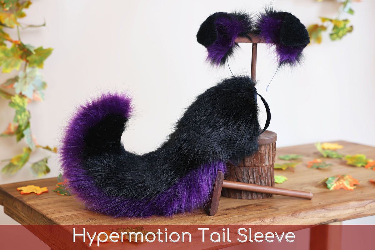 Black dark purple faux fur puppy tail sleeve and ears faux fur dog sleeves for hyper motion silicone base - super motion tail covers kemonomimi