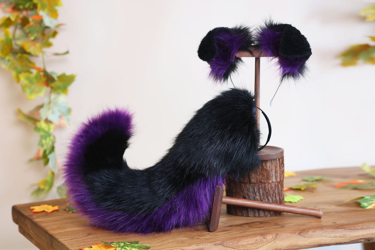 Black dark purple faux fur puppy tail sleeve and ears faux fur dog sleeves for hyper motion silicone base - super motion tail covers kemonomimi