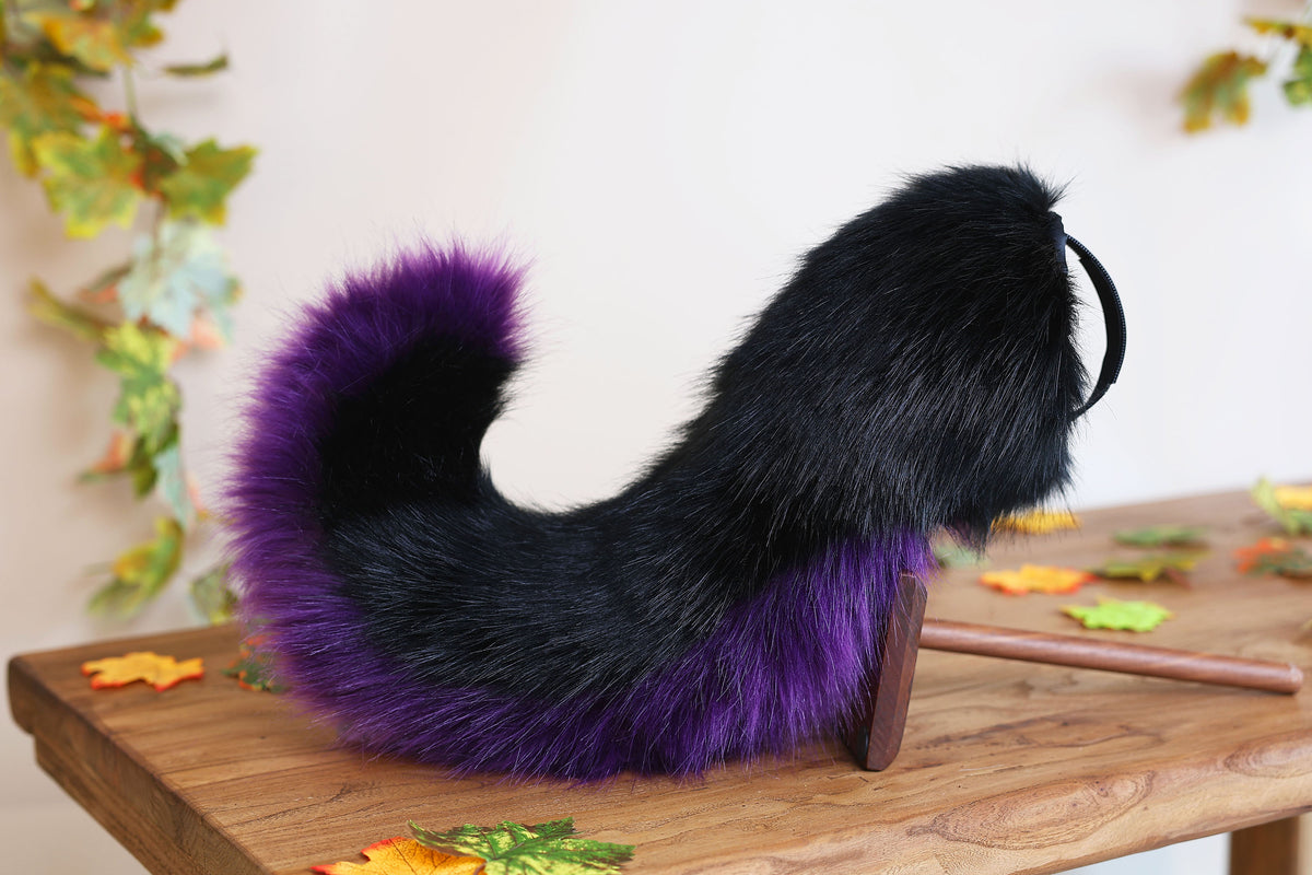 Black dark purple faux fur puppy tail sleeve and ears faux fur dog sleeves for hyper motion silicone base - super motion tail covers kemonomimi