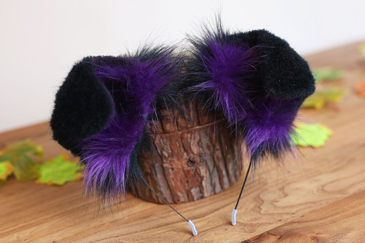 Black dark purple faux fur puppy tail sleeve and ears faux fur dog sleeves for hyper motion silicone base - super motion tail covers kemonomimi