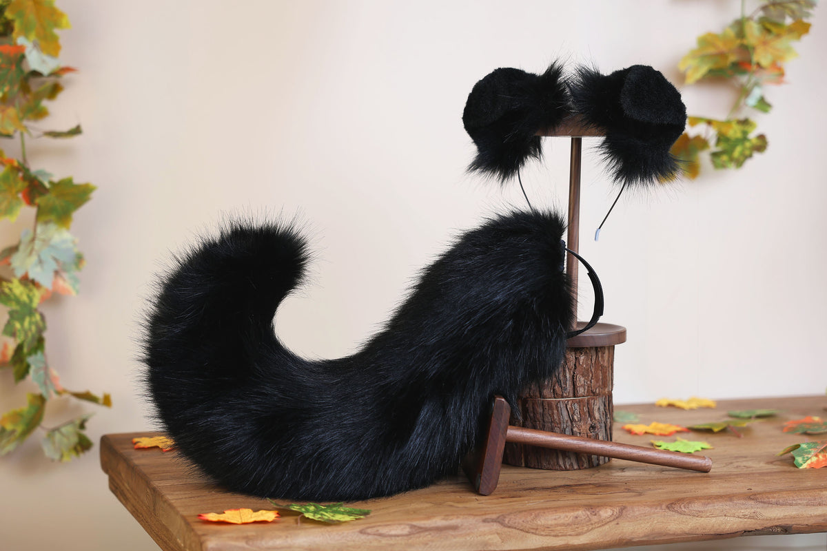 Black faux fur puppy tail sleeve and ears faux fur dog sleeves for hyper motion silicone base - super motion tail covers therian kemonomimi
