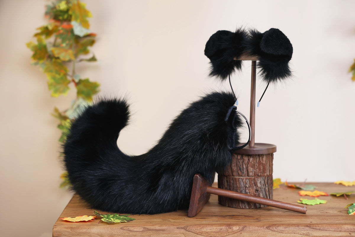 Black faux fur puppy tail sleeve and ears faux fur dog sleeves for hyper motion silicone base - super motion tail covers therian kemonomimi