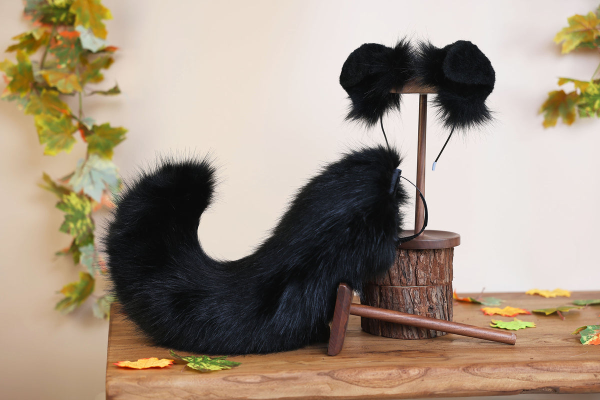 Black faux fur puppy tail sleeve and ears faux fur dog sleeves for hyper motion silicone base - super motion tail covers therian kemonomimi