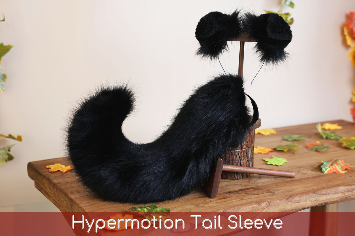 Black faux fur puppy tail sleeve and ears faux fur dog sleeves for hyper motion silicone base - super motion tail covers therian kemonomimi
