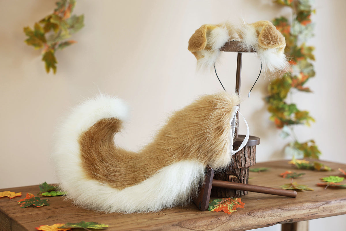 Blonde white faux fur puppy tail sleeve and ears faux fur dog sleeves for hyper motion silicone base - super motion tail covers kemonomimi