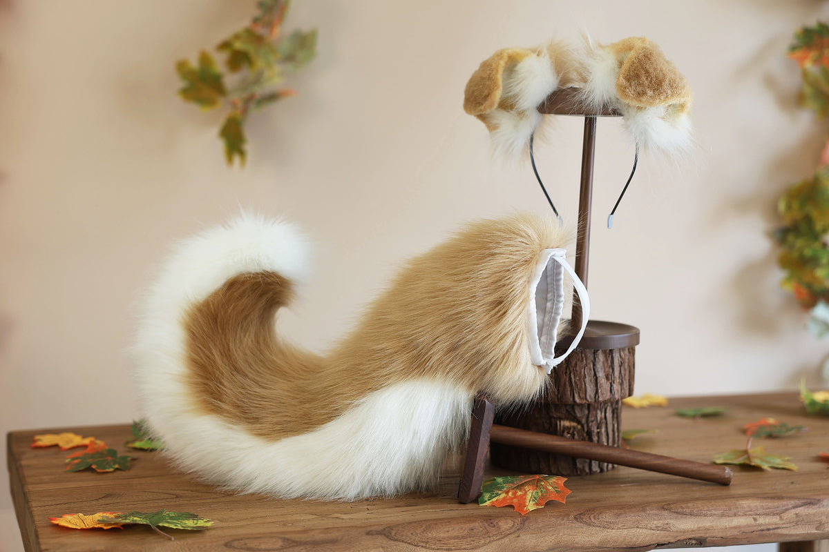 Blonde white faux fur puppy tail sleeve and ears faux fur dog sleeves for hyper motion silicone base - super motion tail covers kemonomimi