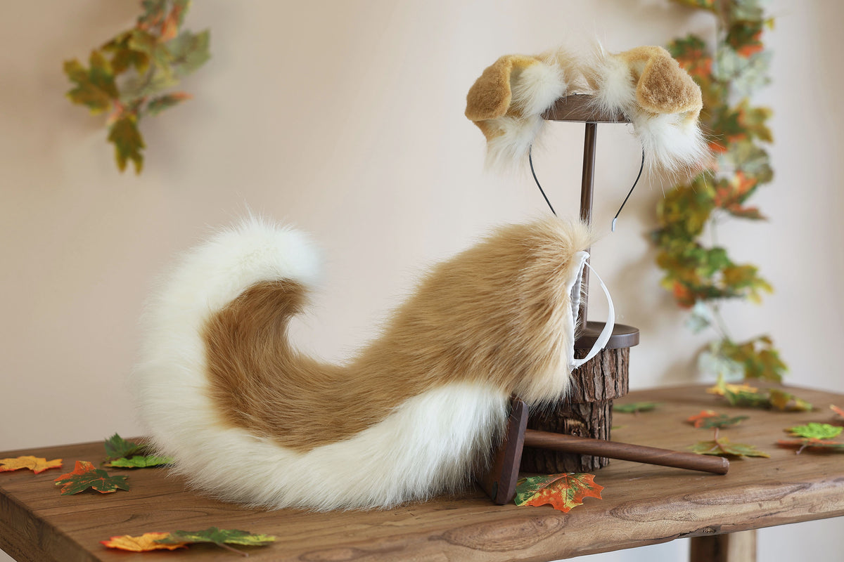 Blonde white faux fur puppy tail sleeve and ears faux fur dog sleeves for hyper motion silicone base - super motion tail covers kemonomimi