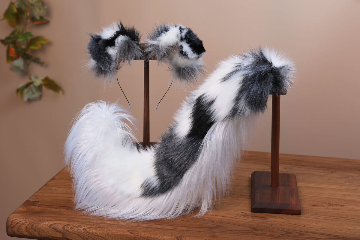 Blue merle border collie dog tail and ear realistic faux fur dog ear and tail anime cosplay therian puppy ear and tail butt plug dog kemonomimi furry