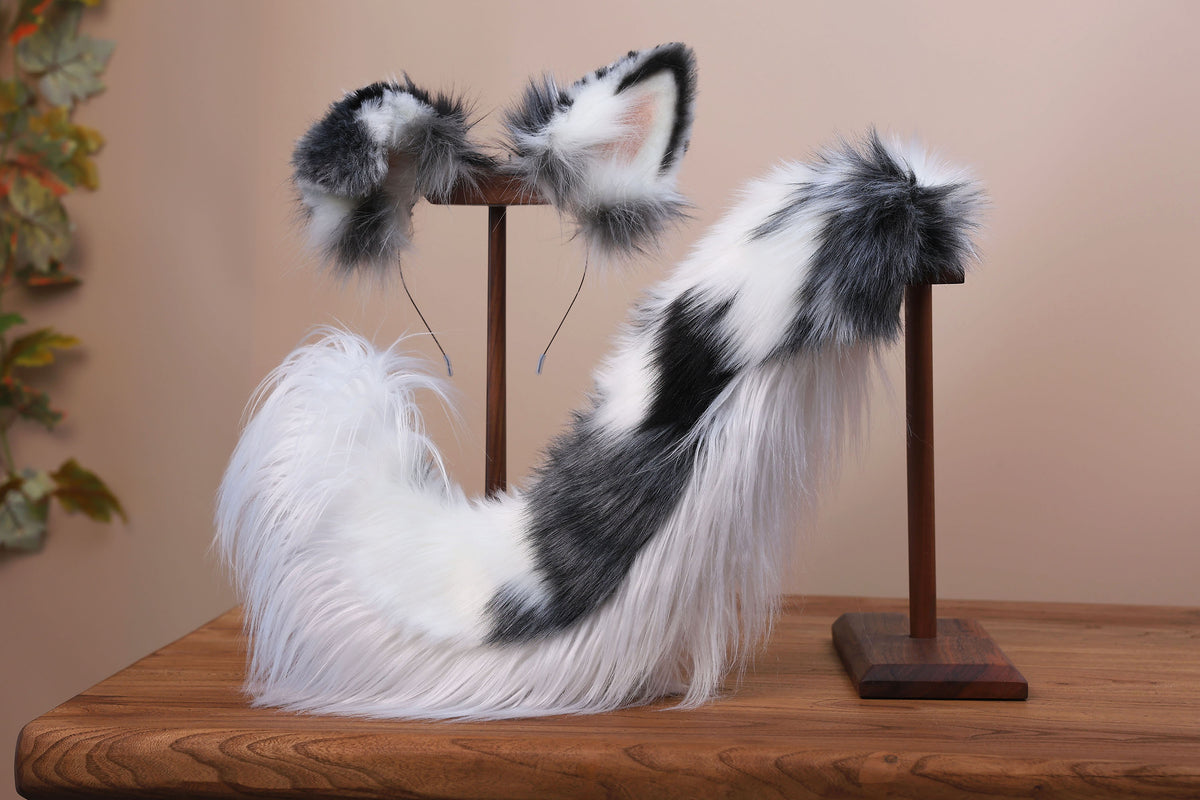 Blue merle border collie dog tail and ear realistic faux fur dog ear and tail anime cosplay therian puppy ear and tail butt plug dog kemonomimi furry