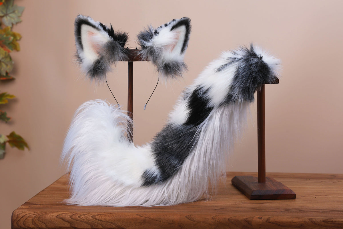 Blue merle border collie dog tail and ear realistic faux fur dog ear and tail anime cosplay therian puppy ear and tail butt plug dog kemonomimi furry