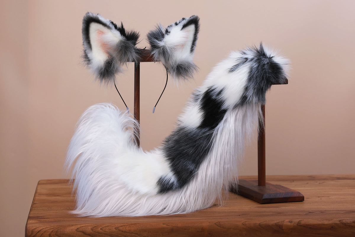 Blue merle border collie dog tail and ear realistic faux fur dog ear and tail anime cosplay therian puppy ear and tail butt plug dog kemonomimi furry