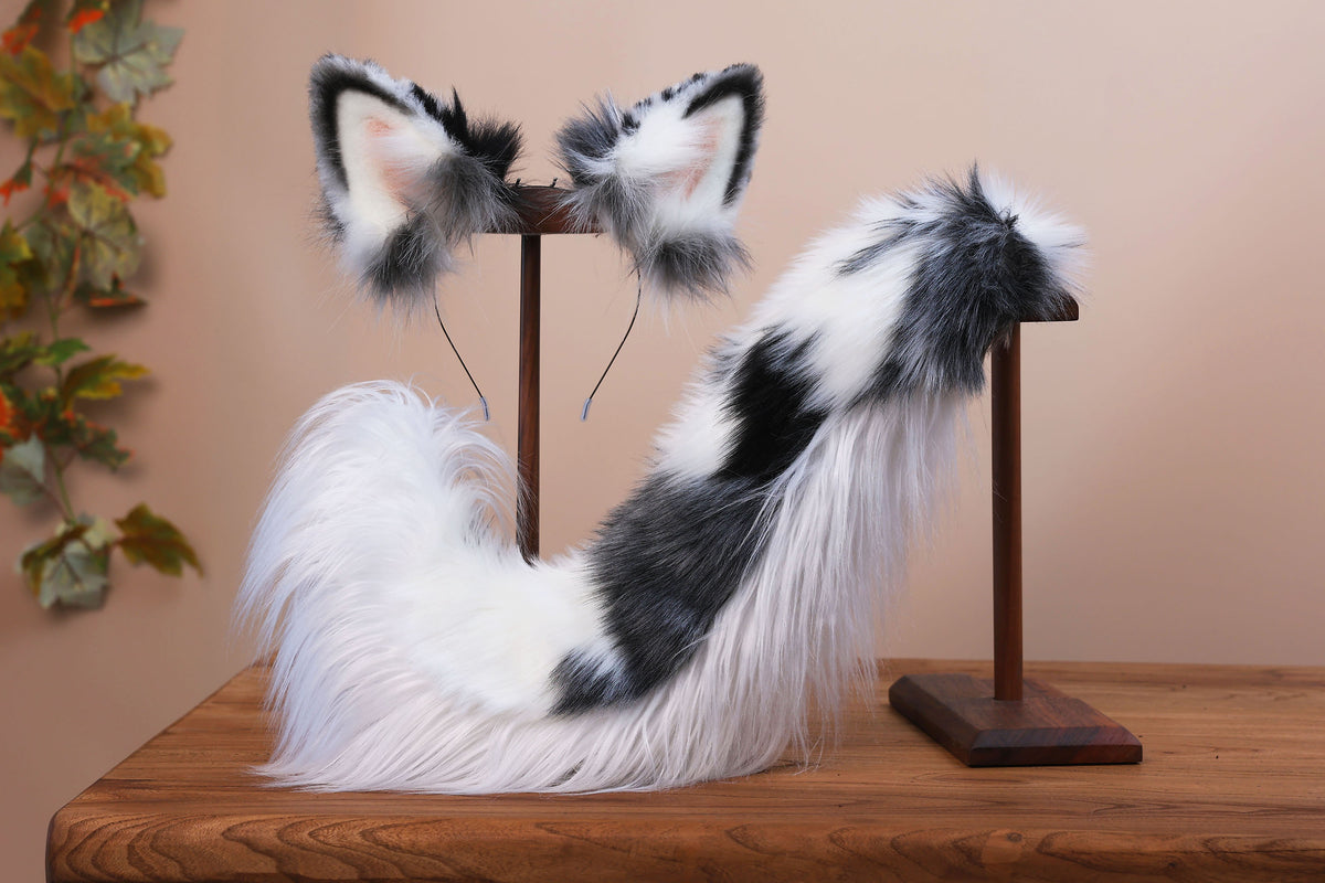 Blue merle border collie dog tail and ear realistic faux fur dog ear and tail anime cosplay therian puppy ear and tail butt plug dog kemonomimi furry